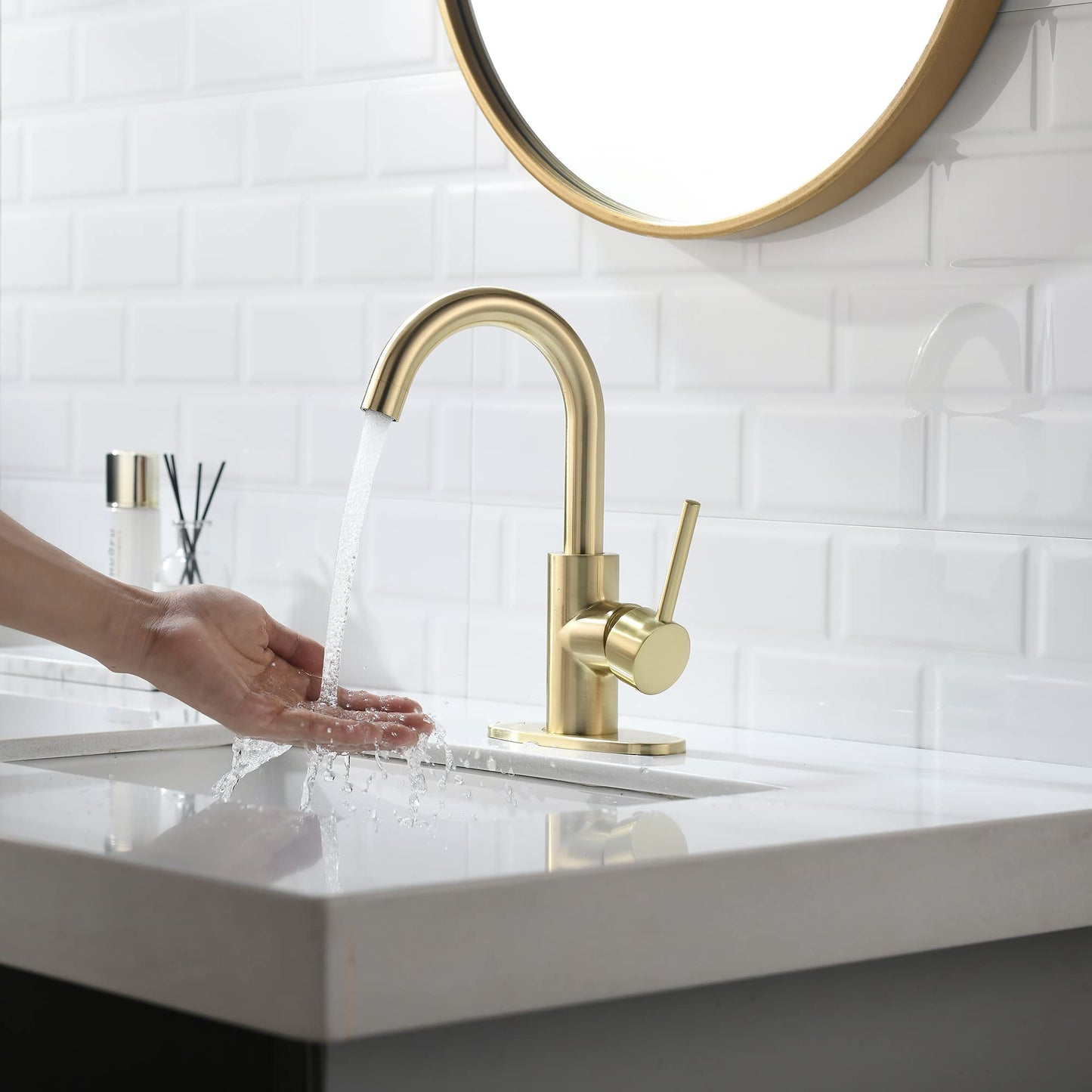 Single Handle Bathroom Sink Faucet 360° Swivel Spout Vanity Faucets with Deck Plate 4 Inch Centerset Gold Bathroom Faucets Brushed Gold Restroom Lavatory Faucet Durable & Safety