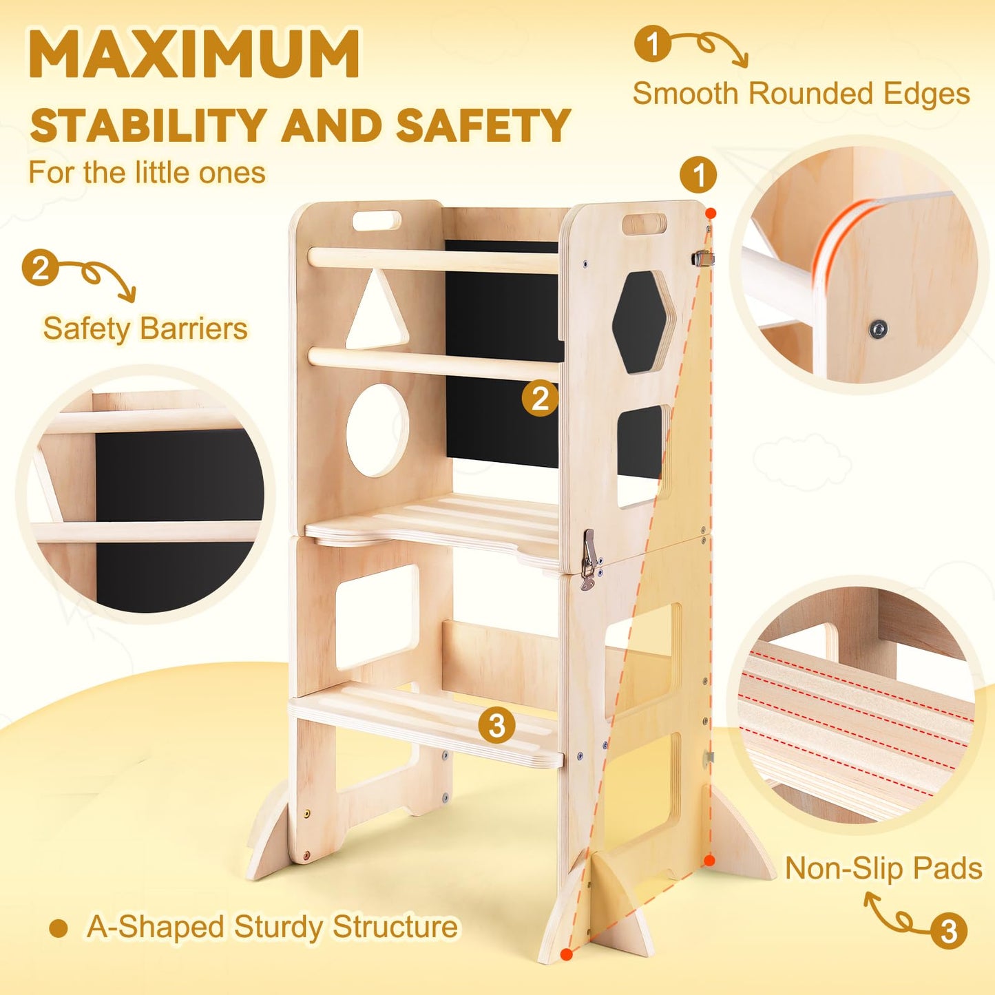 Woodure 3-in-1 Toddler Kitchen Step Stool, Foldable Learning Standing Tower with Blackboard, Wooden Kitchen Stool Helper for Kids