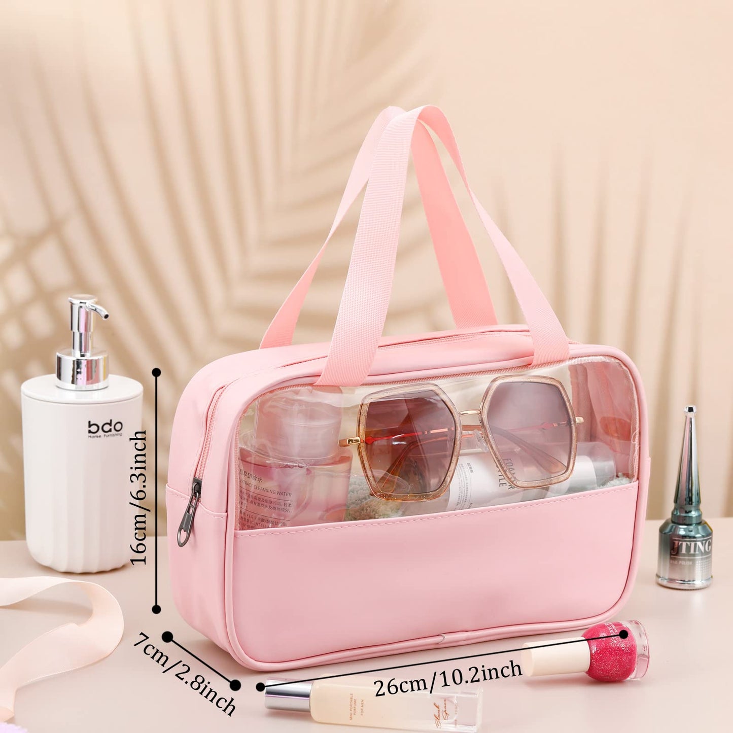 9 Pcs Translucent Make up Bag Toiletry Organizer for Women Men Waterproof Portable Cosmetic Travel Bag with Hanging Handles Travel Storage Carry Pouch, 10.2 x 6.3 x 2.8 Inches(Pink)