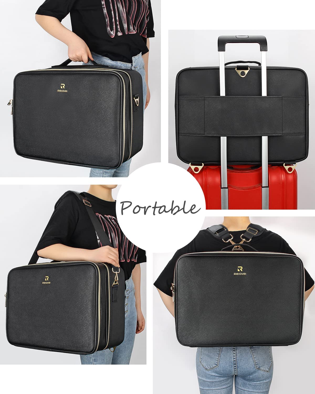 Relavel Extra Large Makeup Bag, Makeup Case Professional Makeup Artist Kit Train Case Travel Cosmetic Bag Brush Organizer, Waterproof Leather Material, with Adjustable Shoulder Straps and Dividers