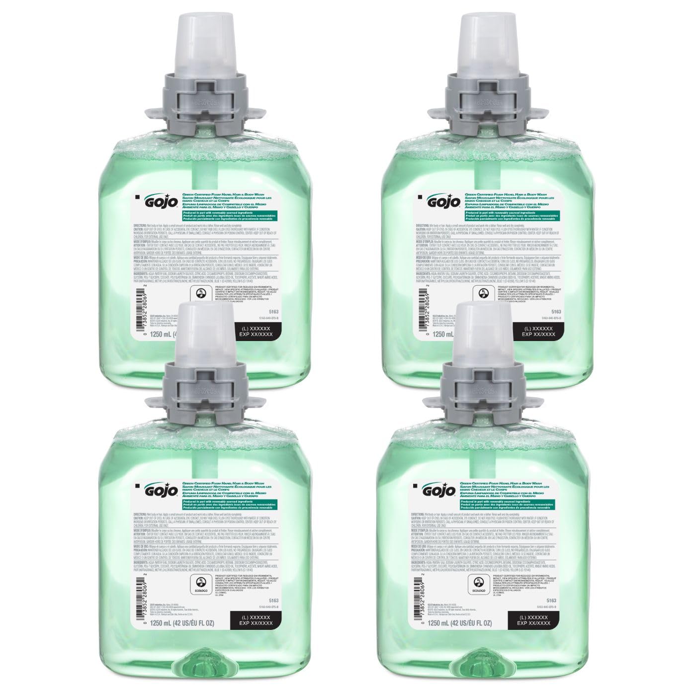 GOJO Green Certified Foam Hand, Hair & Body Wash, Cucumber Melon Scent, 1250 mL Refill FMX-12 Push-Style Dispenser (Pack of 4) - 5163-04