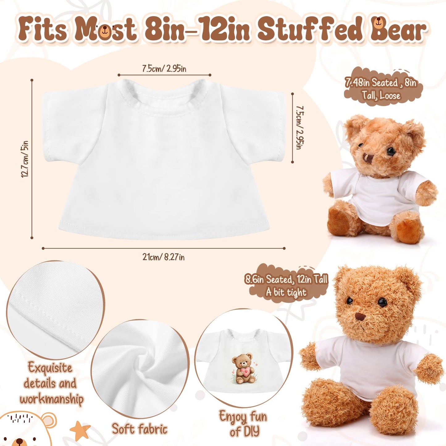 Litherr S 24 Pcs Stuffed Bear Clothes Fit 8-12 Inches Stuffed Dolls Bulk Tshirt Sublimation Blank Stuffed Animal Shirt Plush Bear T Shirt DIY for Giveaways Gift Bags Party