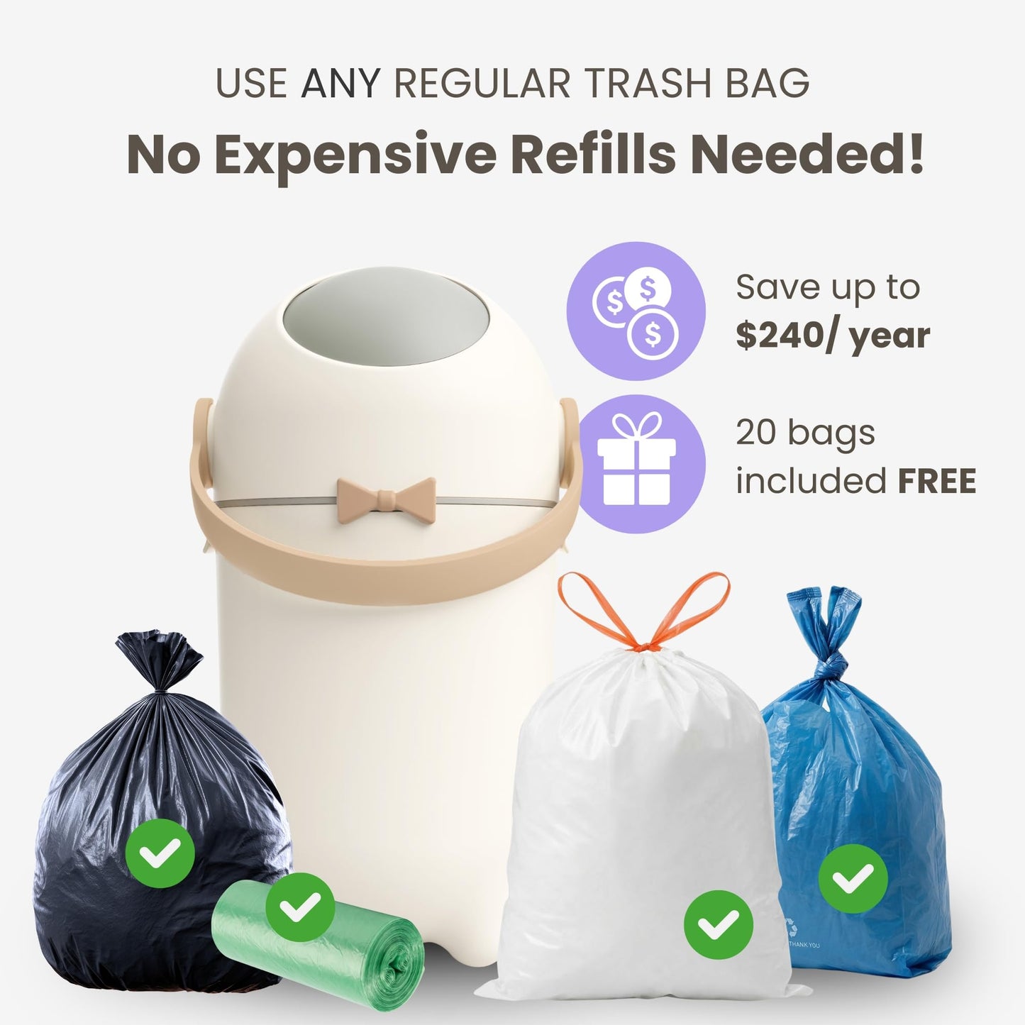iTouchless Odor-Locking Diaper Pail - 2026 Award-Winning Ag+ Silver Ion Nursery Bin - Fits Any Bag, No Refills Needed - Includes 20 Leak-Proof Bags (Hold 300 Diapers) - Boho White Baby Registry Gift