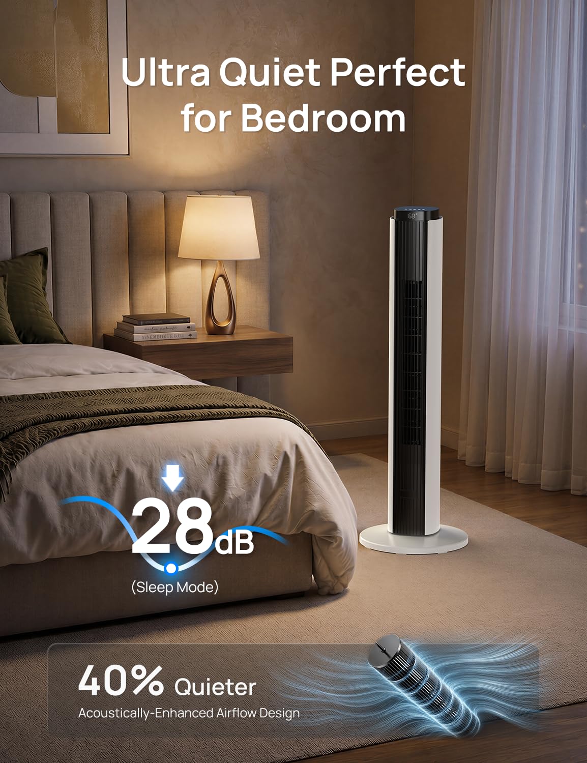 ZAFRO Tower Fan for Bedroom, 37'' Cooling Fans with 4 Modes 6 Speeds, 26 ft/s Velocity, 28dB Quiet for Sleep, LED Touchpad & 12H Timer, 90° Oscillating Floor Fans that Blow Cold Air, Black+White