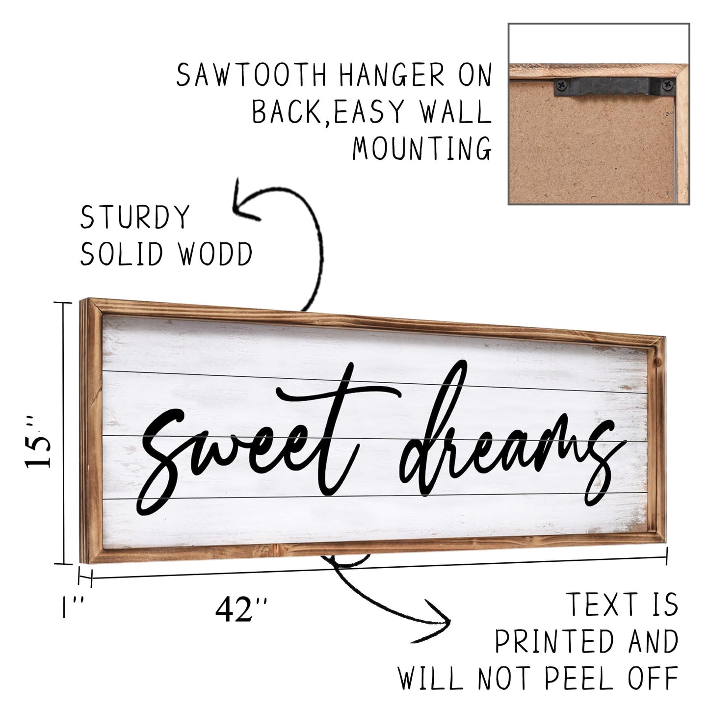 UPPER DECOR Sweet Dreams Wall Decor Above Bed 42''×15'' Large Bedroom Wall Sign Farmhouse Bedroom Sign Wood Framed Guest Room Decor Master Bedroom Wall Decoration