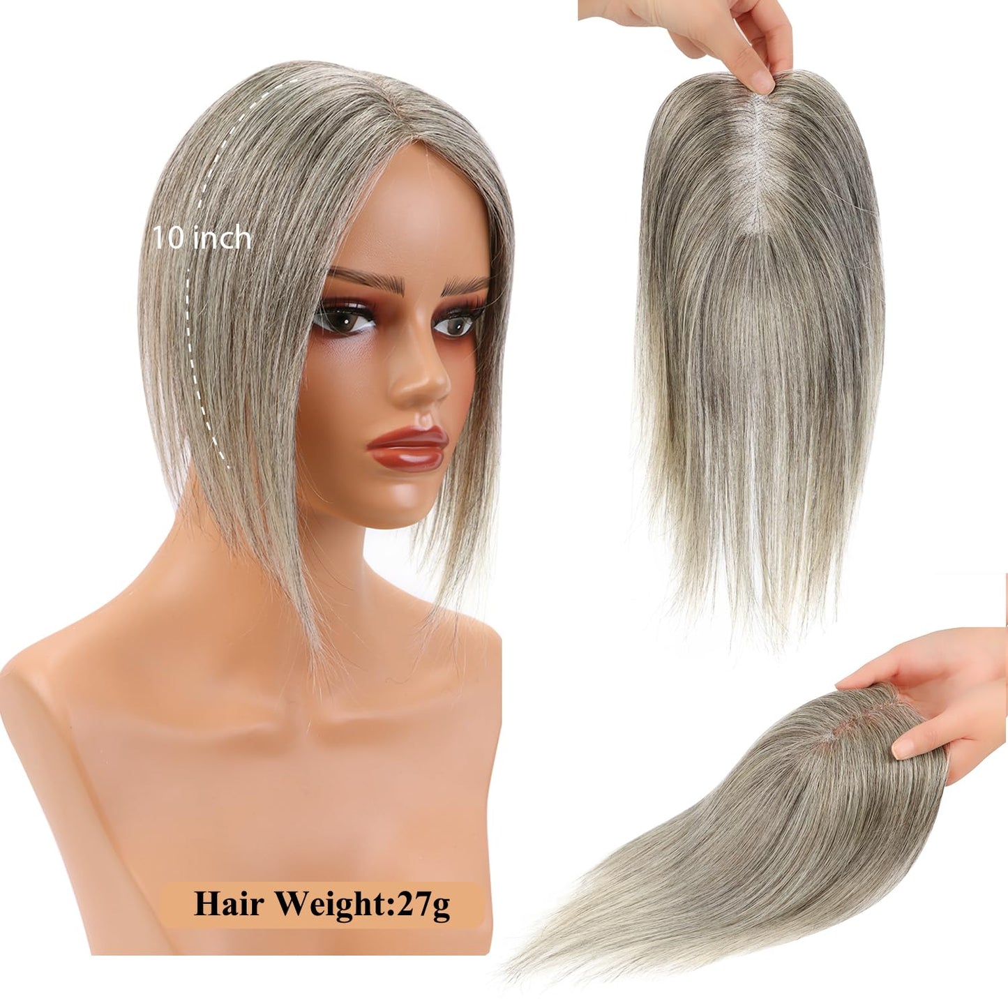 Uaismewow Hair Toppers for Women Real Human Hair Grey Hair Toppers Clip in Hair Toppers Human Hair Remy Hair Toppers for Women with Thinning Hair Real Human Hair 10inch Hair Toppers for Women