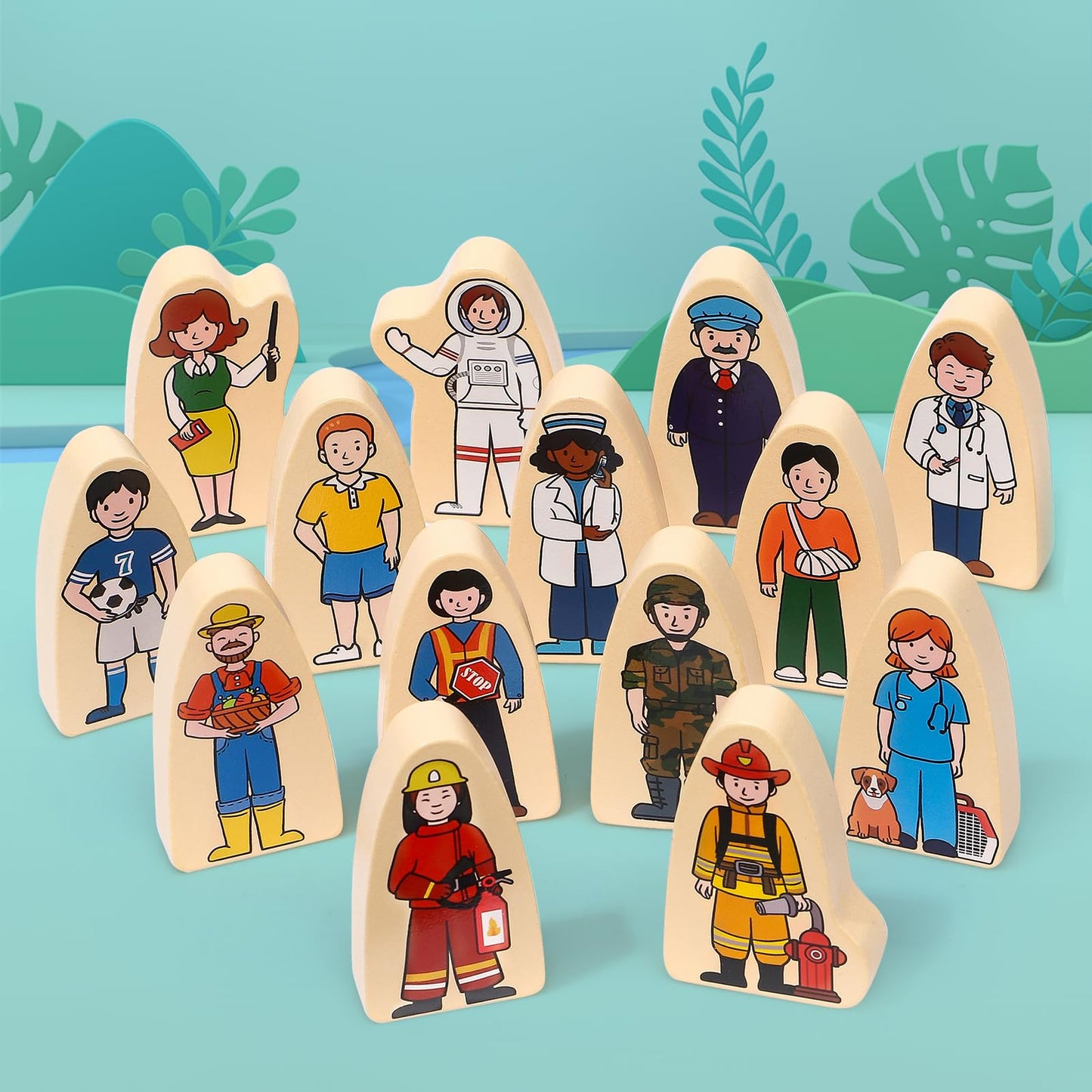 Atoylink 36Pcs Wooden Community Helpers Pretend Play Toys for Kids 3 4 5 6 Year Old, Wooden People Figures Blocks Occupations Dress up Toddlers Preschool Learning Toys Boys Girls Birthday Gifts