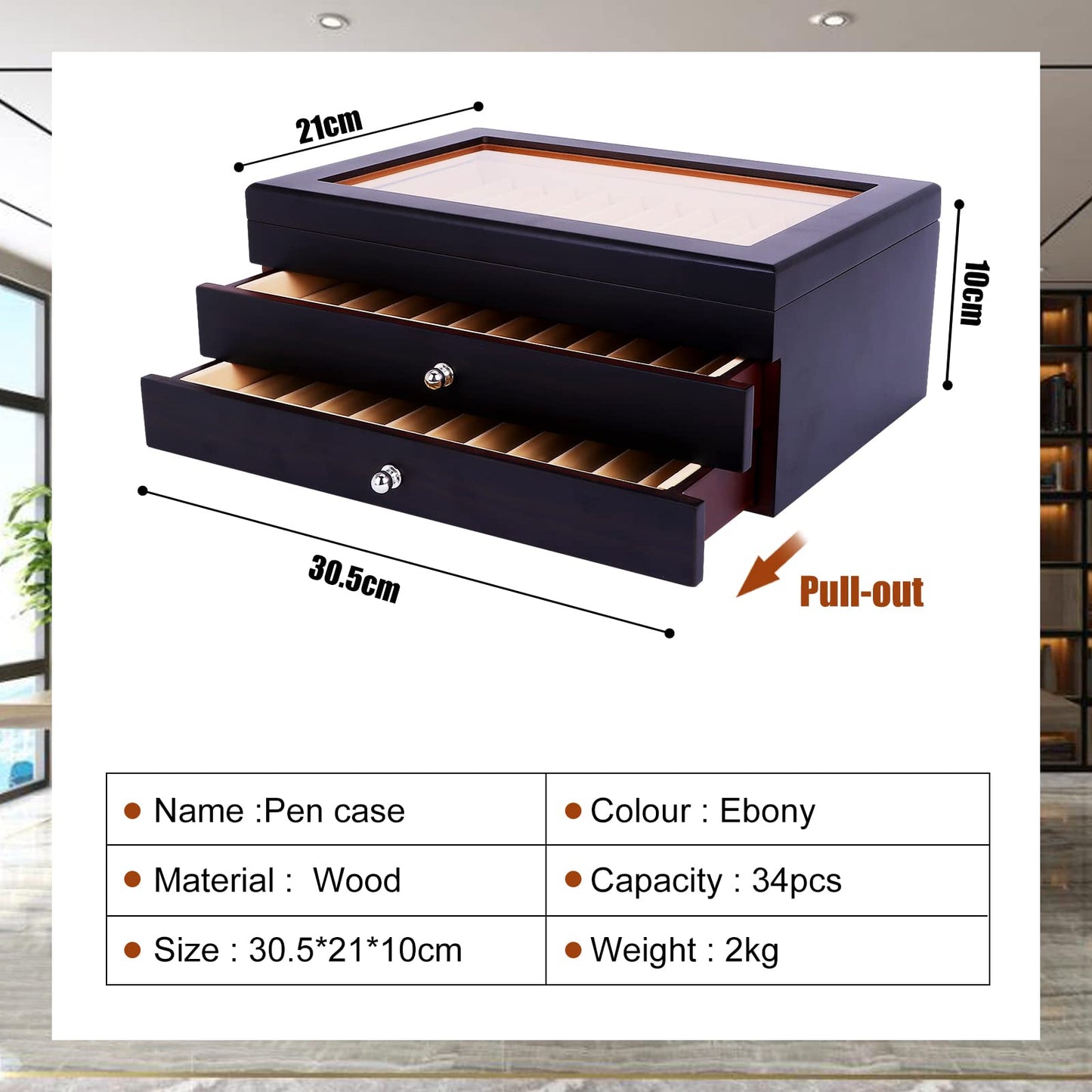 34 Piece Wood Pen Display Box Pen Storage Organizer Box Fountain Pen Collector Case 3 Layers (Ebony)