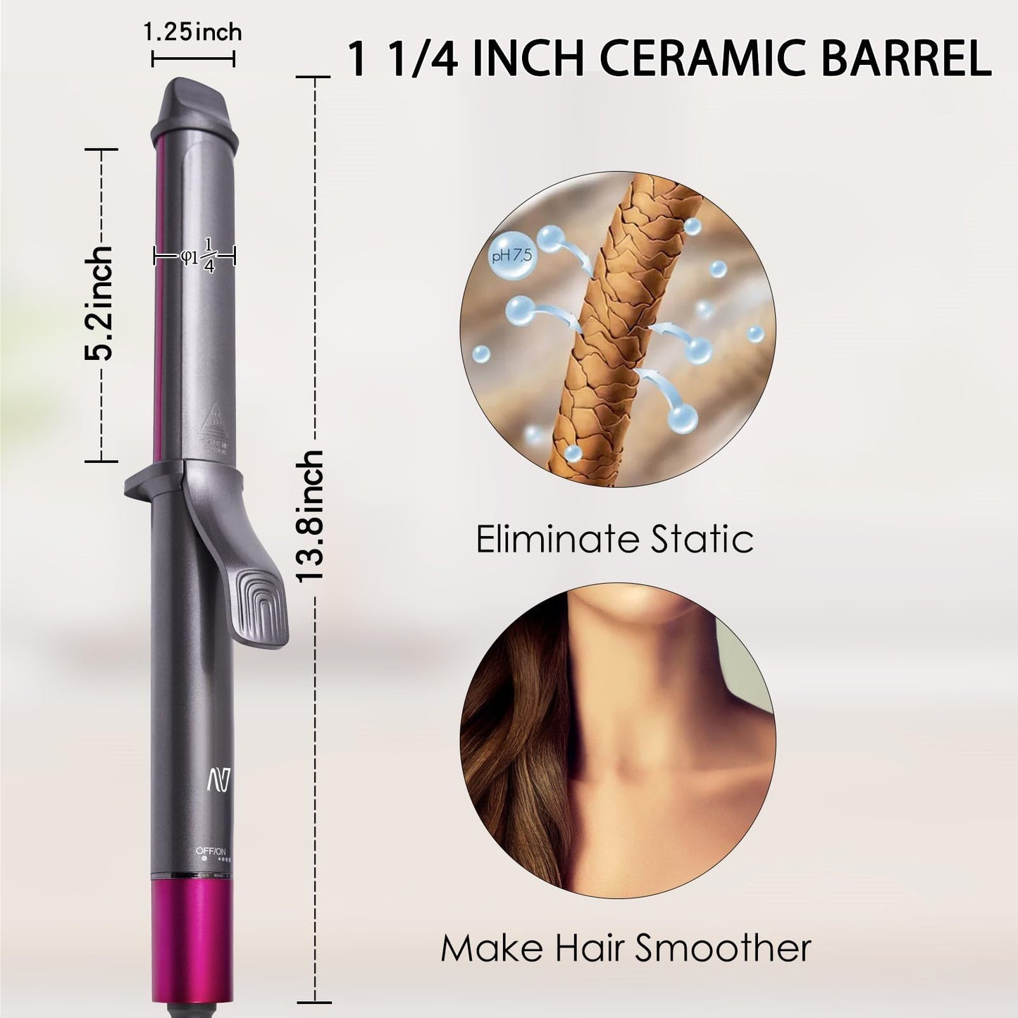 Nycoba 1 1/4 Inch Curling Iron, Ceramic Coated Hair Curling Wand, Rapid 430°F Heating, Temperature LED Display, 6 Temperature Settings, 60 Minutes Auto-Off