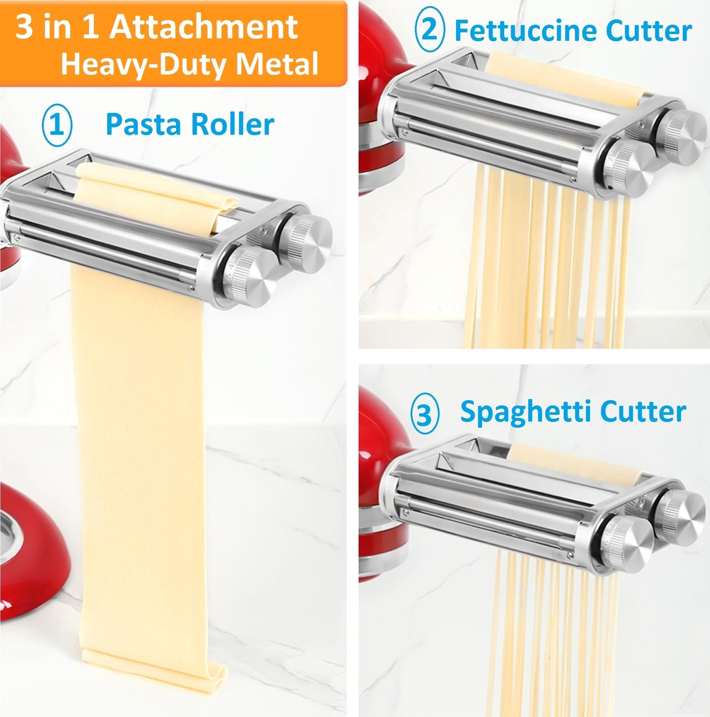 FavorKit Pasta Maker Attachment for KitchenAid Stand Mixers,Sturdy 3 in 1 Set Included Pasta Sheet Roller, Spaghetti and Fettuccine Cutter Accessories-Unique Design