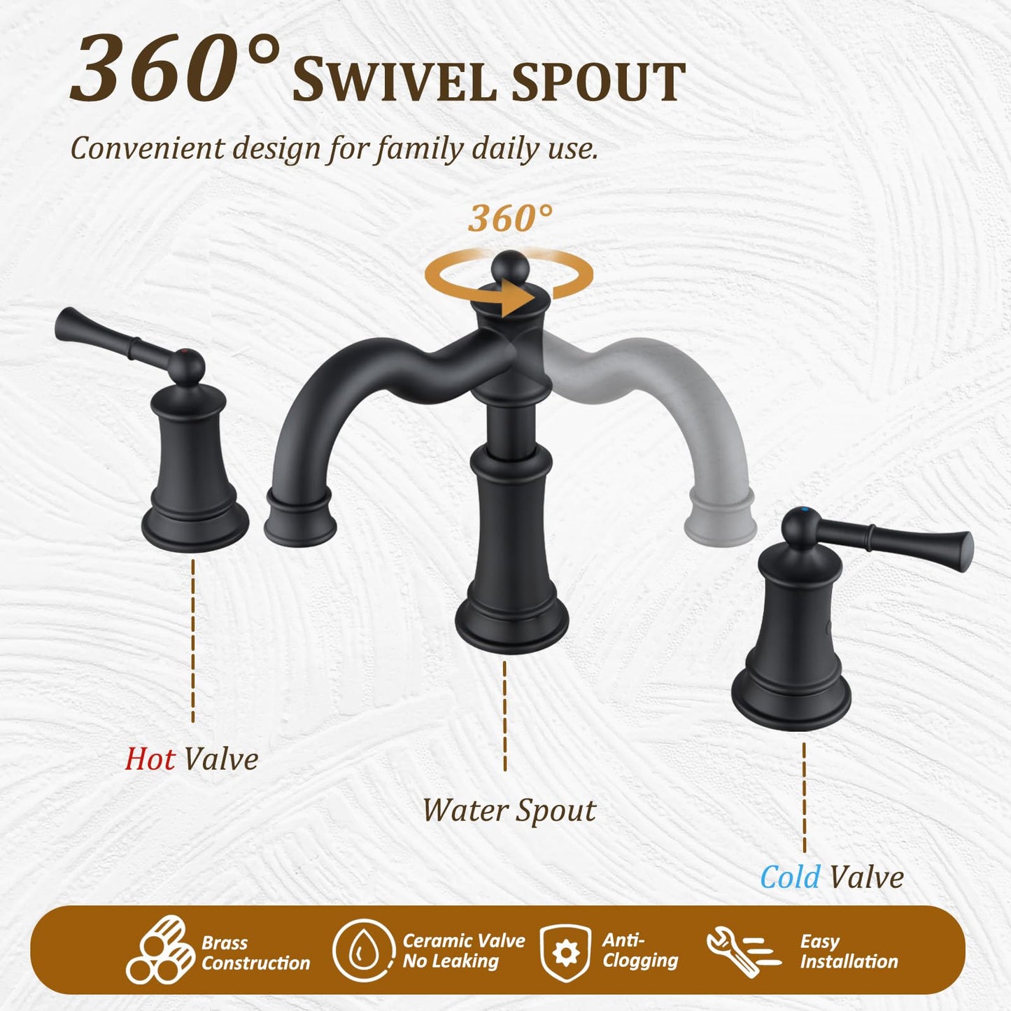 NAUKWAN Roman Bathroom Sink-Faucet 3-Holes, Matte Black Rotated Spout Vanity Basin Faucets 3 Holes 2 Handles 8 inches Widespread Deck Mount Brass Faucet for Sink with Overflow Pop Up Drain NL2204-BK
