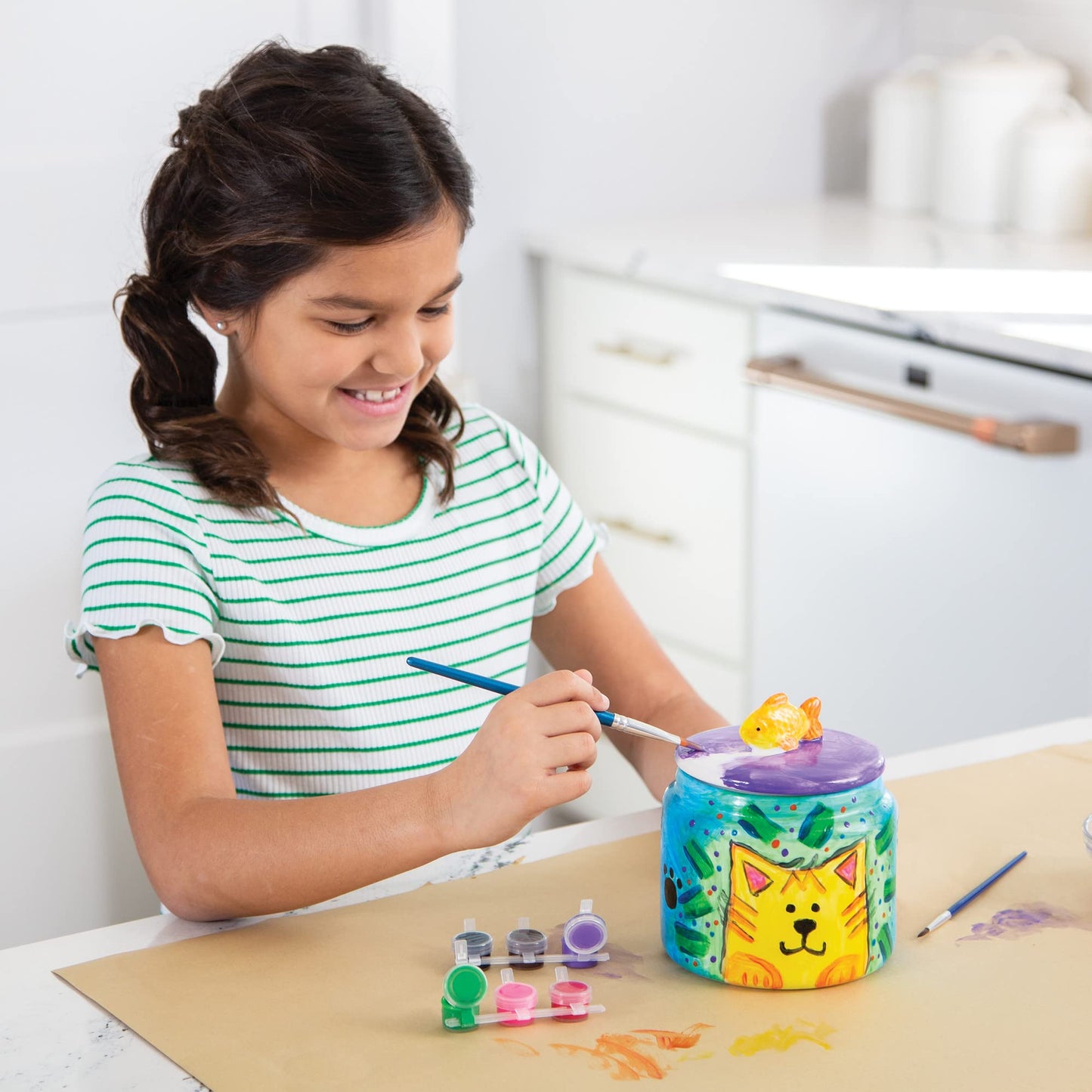 MindWare Paint Your Own (PYO) Cat Treat Jar Craft Kit for Kids - Includes Porcelain Treat Jar, Paint, Brushes and Instructions
