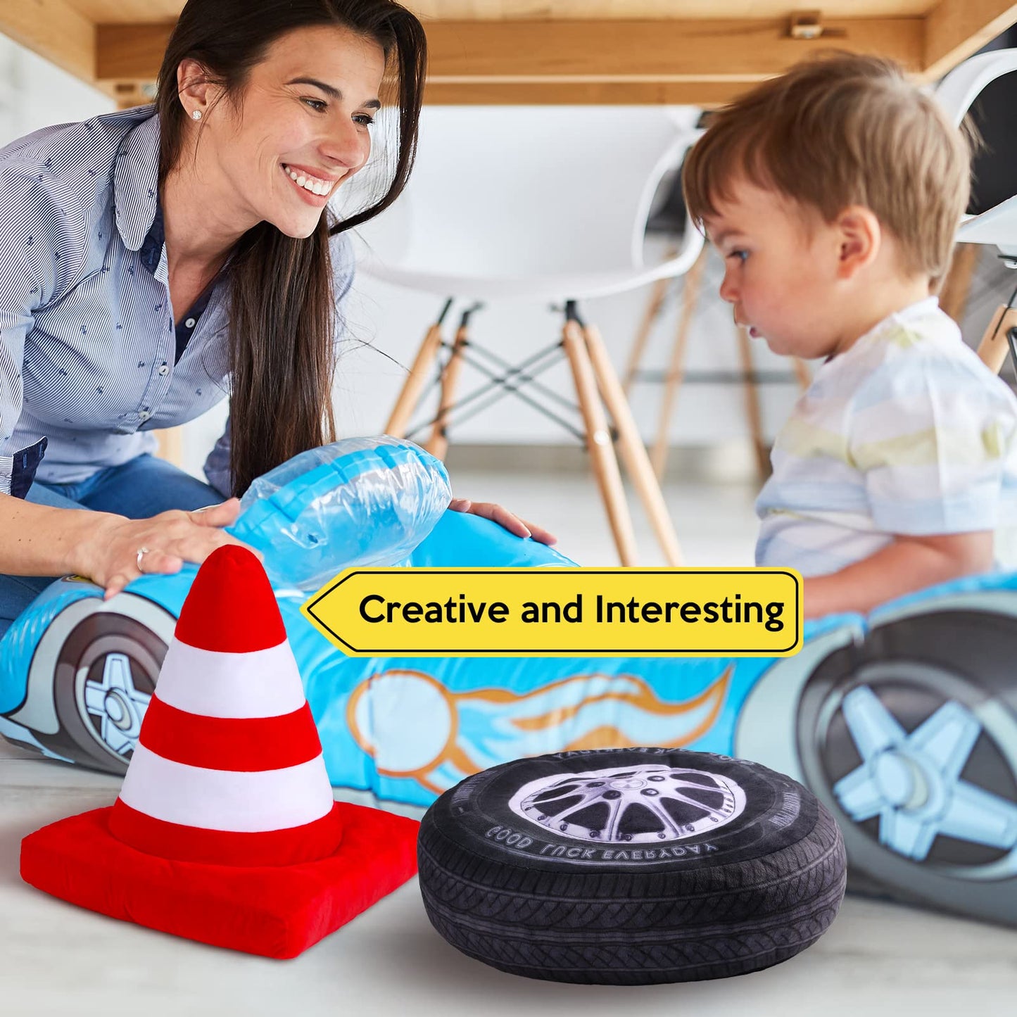 Woanger 2 Pcs Race Car Room Decor Racing Plush Throw Pillow Set Gift 15.7 Inch Soft 3D Simulation Wheel Pillow Funny Tire Cone Traffic Light and Stop for Valentines Bedroom Decorations(Traffic Cone)