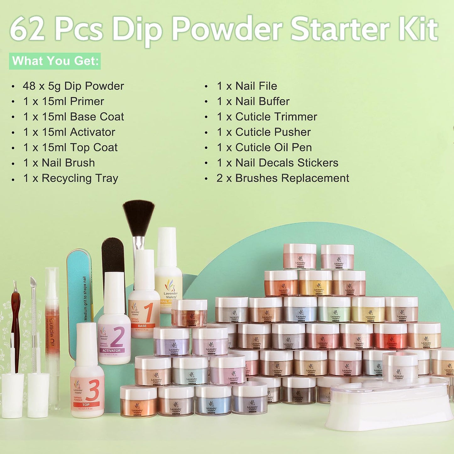 Lavender Violets 62 Pcs Dip Powder Nail Kit Starter, 48 Colors Nude Pink Brown Red Green Blue Purple Glitter with Dip Powder Liquid Set and Essential Manicure Tools for Nail Art Designs G902