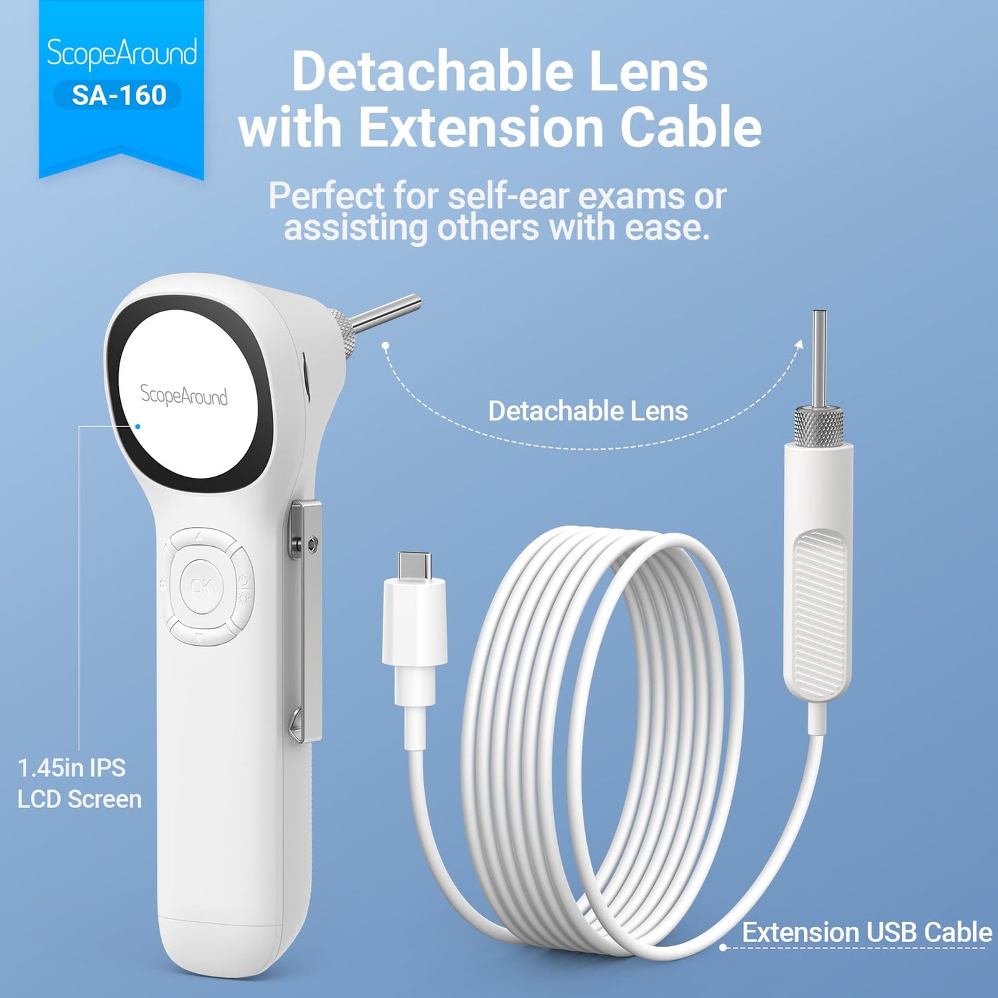 ScopeAround Digital Otoscope w/IPS Screen, 720p HD Smart Video Otoscope with Light, Ear Scope Otoscope with Camera Ear Wax Removal Camera, Ear Checker, Power On and Go, White