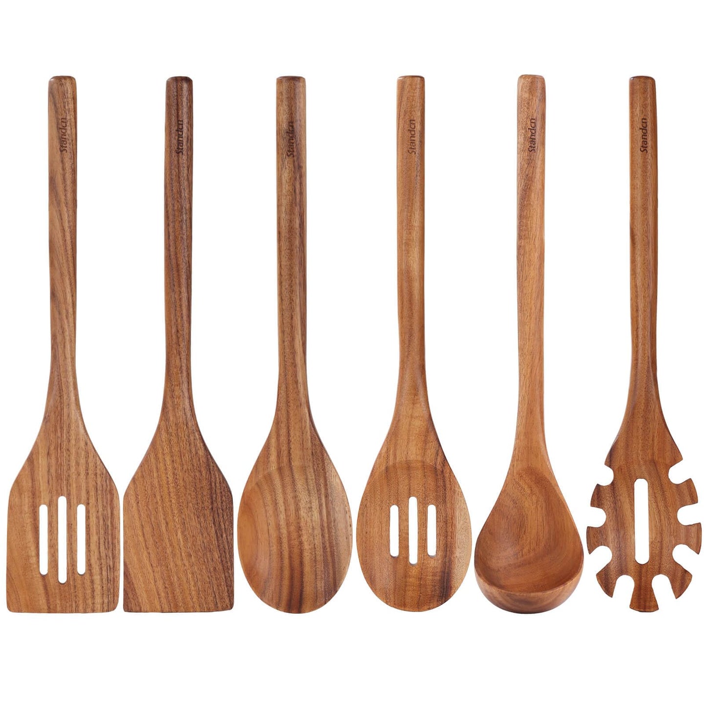 Acacia Wood Utensils Set - 6 Piece Handmade Wooden Spoons for Cooking, Natural Acacia Wood Kitchen Utensils for Non-stick Cookware, Turner, Serving Spoon, Slotted Spoon, Soup Ladle, Spaghetti