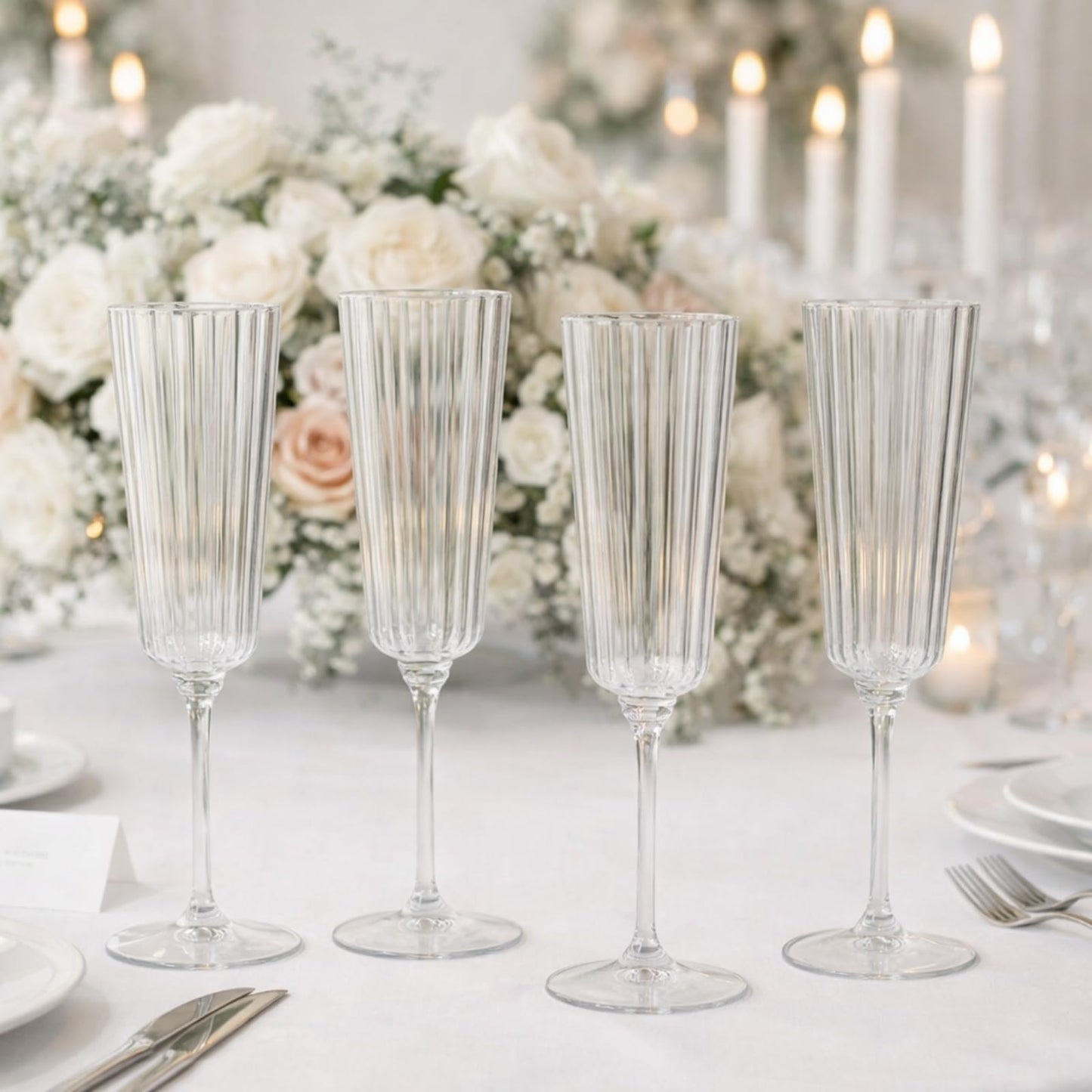 Jingmore 48 Pcs Plastic Ribbed Champagne Flutes With Stem, 6.4 oz Clear Vintage Disposable Champagne Glasses for Wedding Birthday Anniversary (Clear)