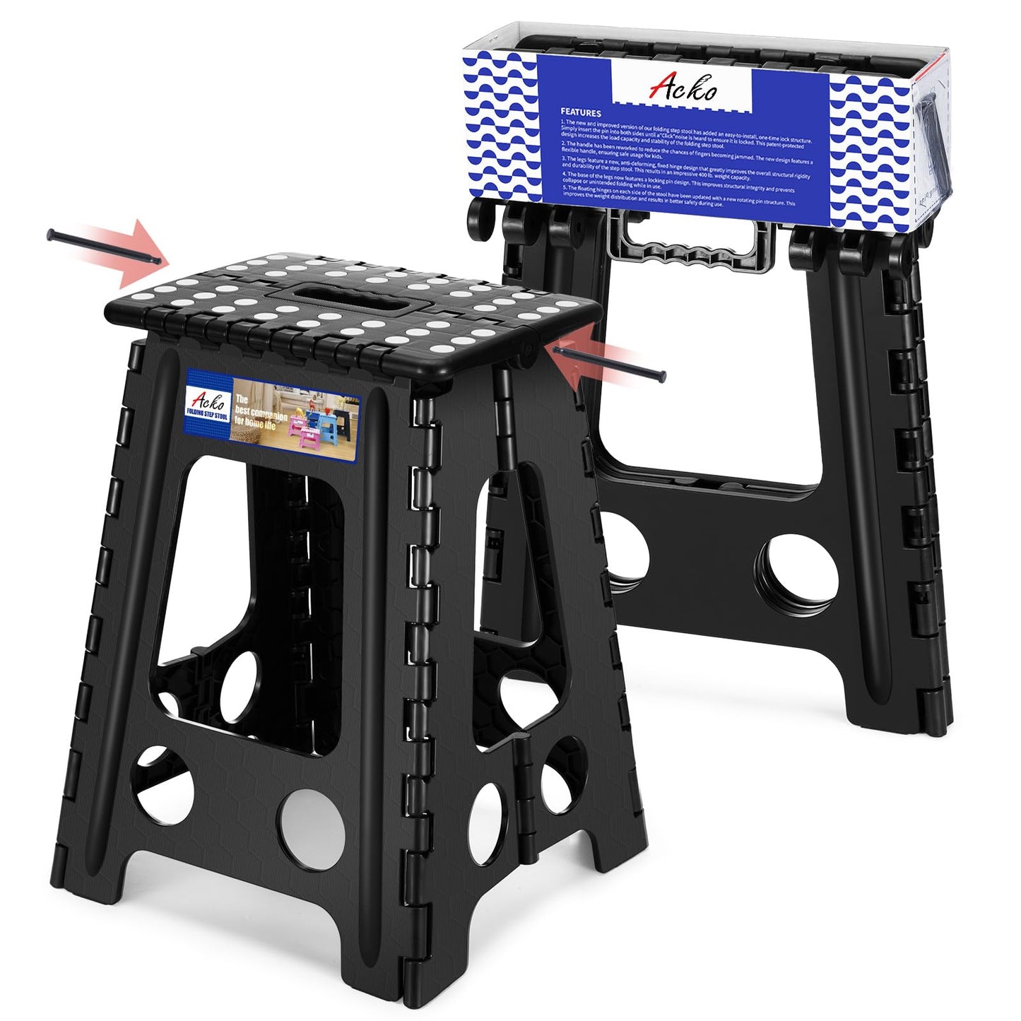 ACKO Folding Step Stool Foldable 17.5 Inch 400 lbs Capacity, Plastic Stools for Adults and Kids, Collapsible Stools for Kitchen, Stepping Stool with Handle (Black)