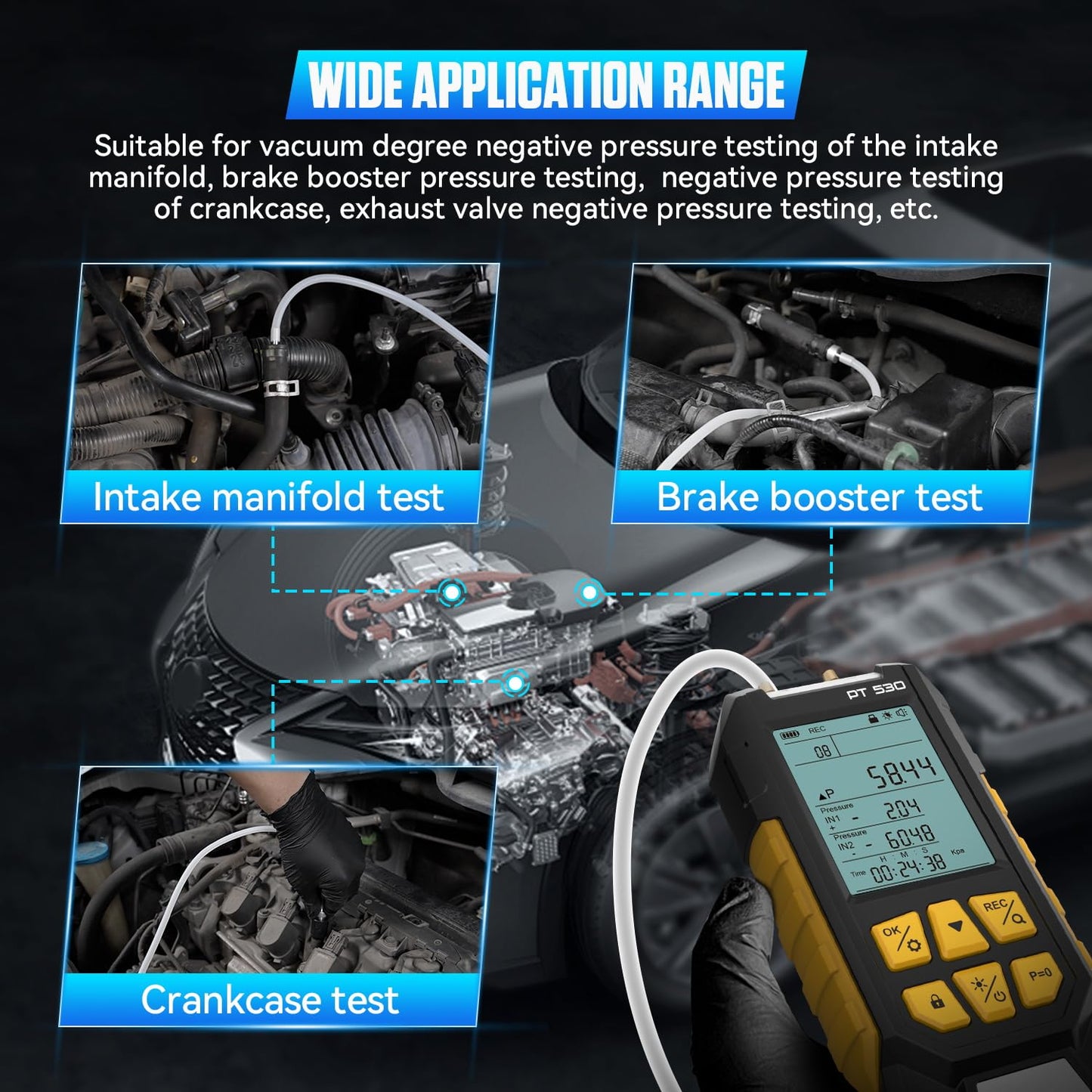 LINXINO PT530 Digital Manometer,Air and Gas Pressure Tester,Dual Differential Digital Manometer,-100 to 300 Kpa Measurement Range,10 Pressure Units,Data Locking,Storage and Flashlight