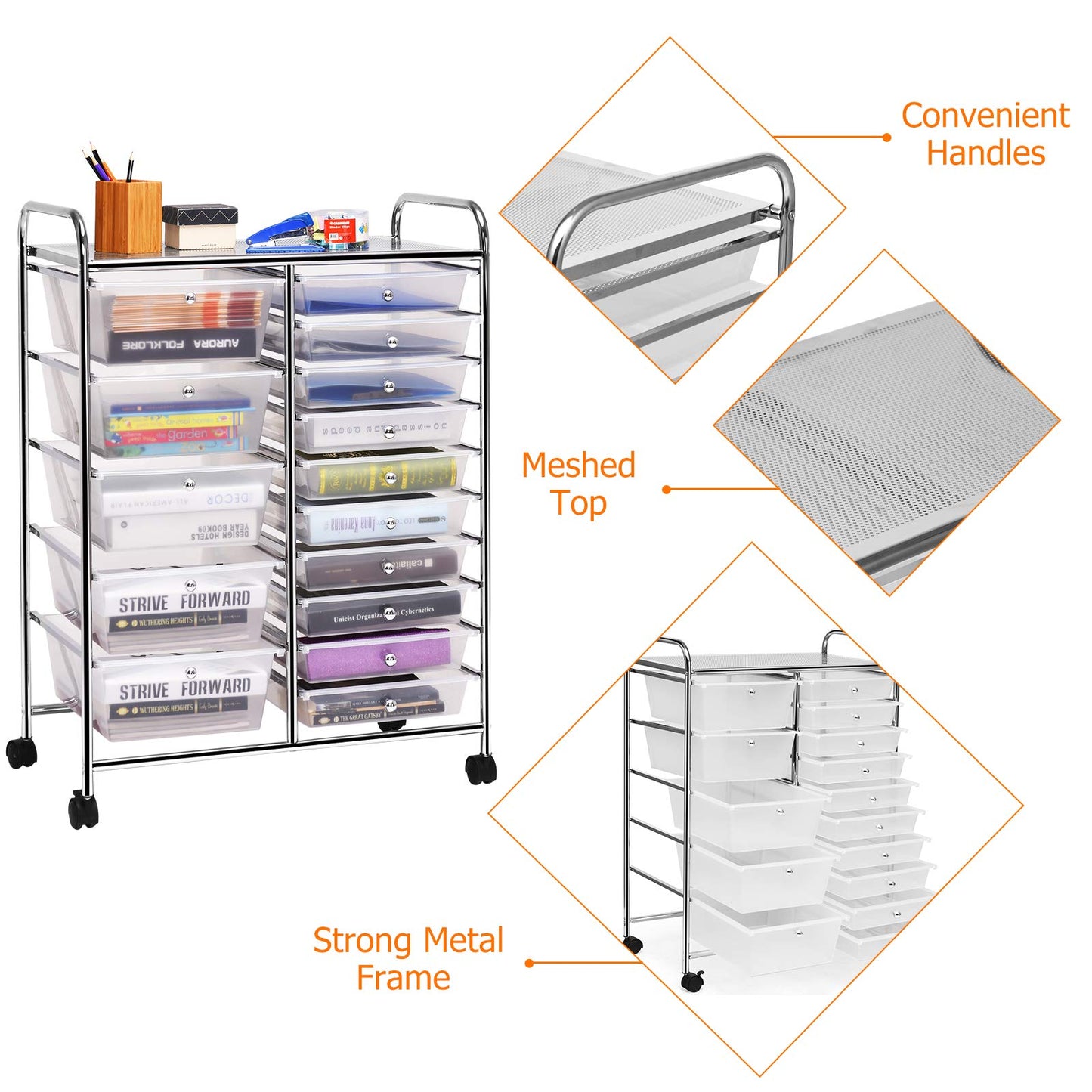 Fireflowery Rolling Cart with Drawers, Multipurpose Movable Craft Storage Cart, Plastic Utility Cart with Drawers for Rolling Cart for Teachers, Rolling Drawers for Home, School, Office (Clear)