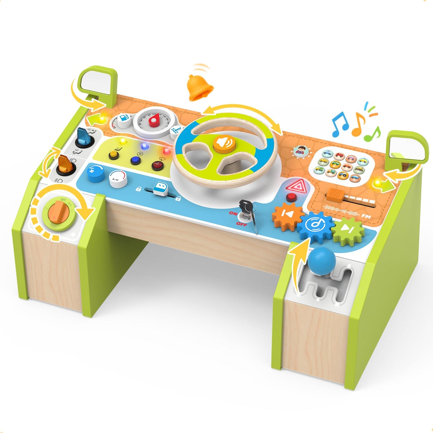 Montessori Wooden Steering Wheel Toy for Toddlers & Kids, Interactive Pretend Driving Dashboard Busy Board with 12 Cars Sounds & Lights, Preschool Learning Sensory Educational Toy, Gift for Boys Girls
