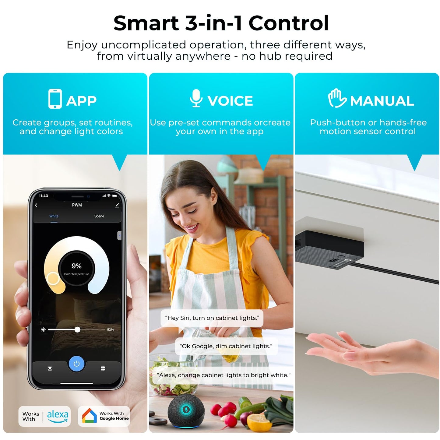VST Smart Under Cabinet Lighting Work with Alexa Google Home Assistant App Remote Control, Recessed or Surface Mount 12V 2W/pc Puck Light for Kitchen Under Counter, Display Case, 6 Pack 3000K~6000K.