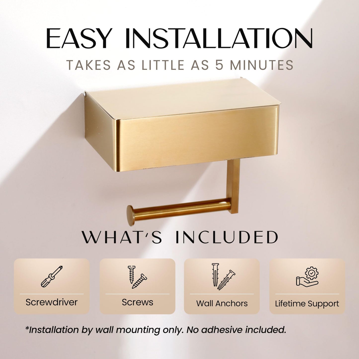 Day Moon™ Brushed Gold Toilet Paper Holder with Shelf, Wipe Holder for Bathroom Flushable Wipes Dispenser, Toilet Paper and Wipes Holder, Toilet Paper Holder with Storage