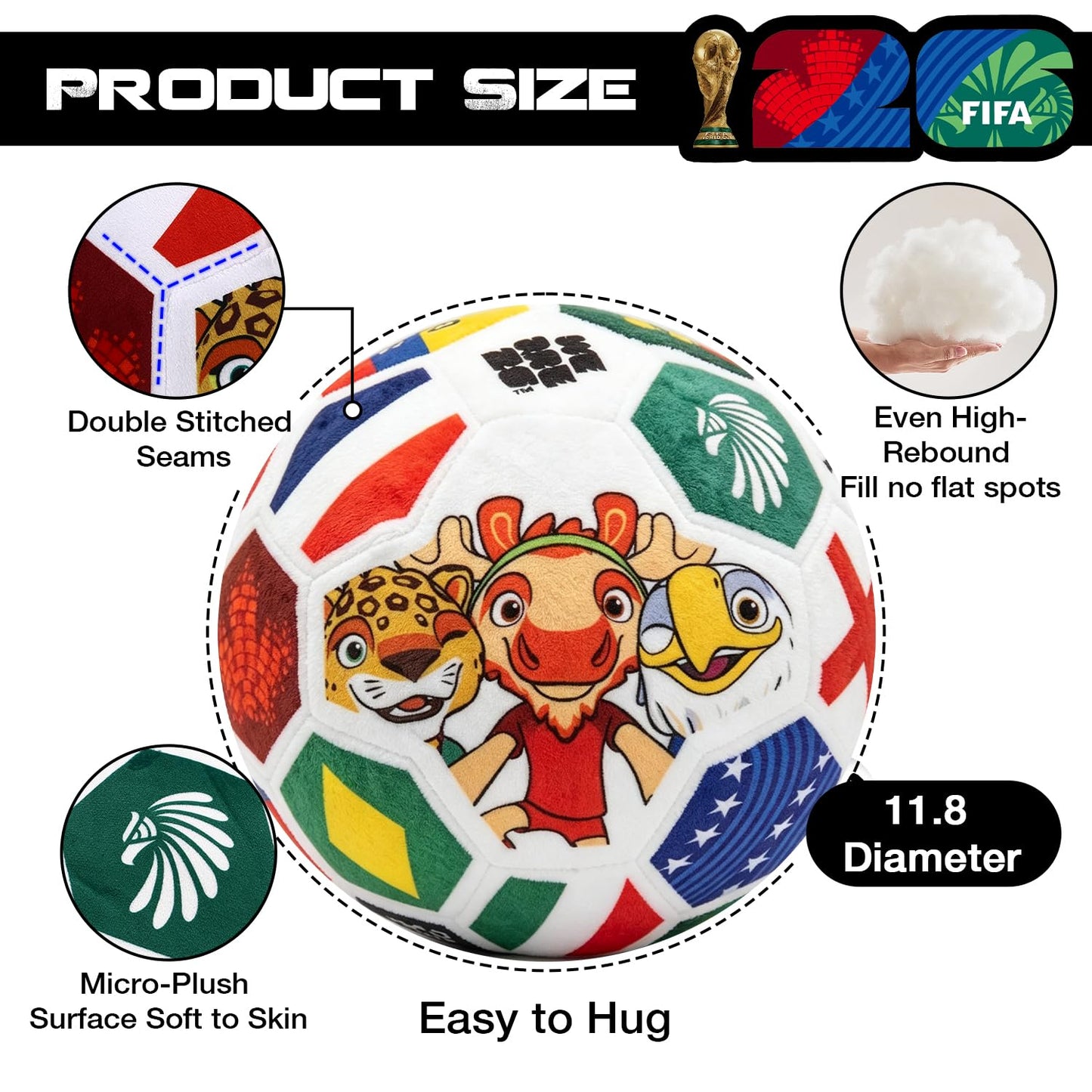 MESUCA FIFA World Cup 2026 Soccer Ball Plush for Kids - Official 11.8inch Soccer Plush Toy Pillow with Trophy Design - Soft Soccer Stuffed Animal for Room Decor, World Cup 2026 Merchandise
