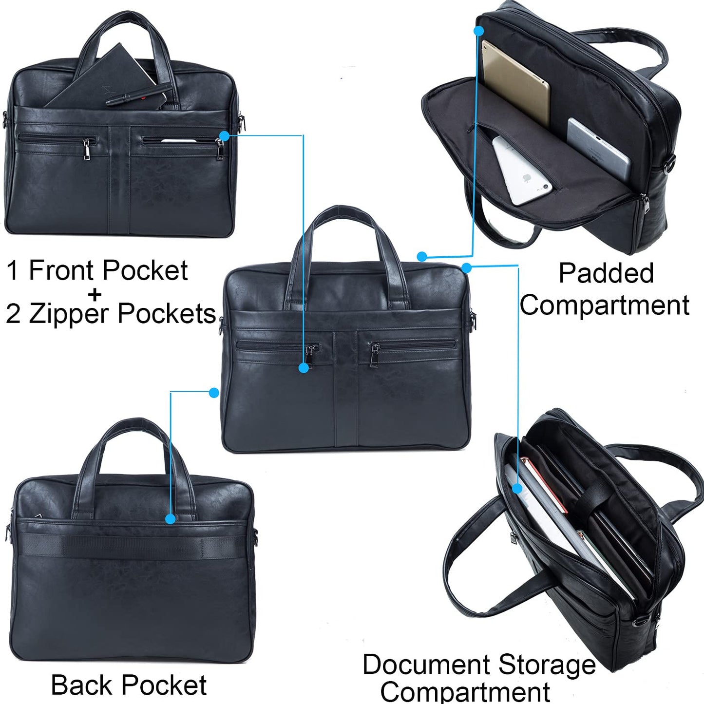 seyfocnia Men's Leather Messenger Bag, 17.3 Inches Laptop Briefcase Business Satchel Computer Handbag Shoulder Bag for Men-Black