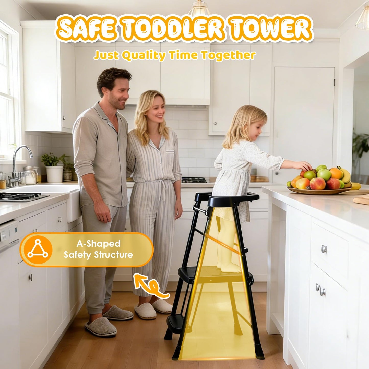 HBTower Kids 2 Steps Step Stool,Toddler Tower for Kitchen Counter Learning,Toddler Kitchen Stool Helper with Anti-Drop Safty Railing Kids Standing Folding Stepper(Black)