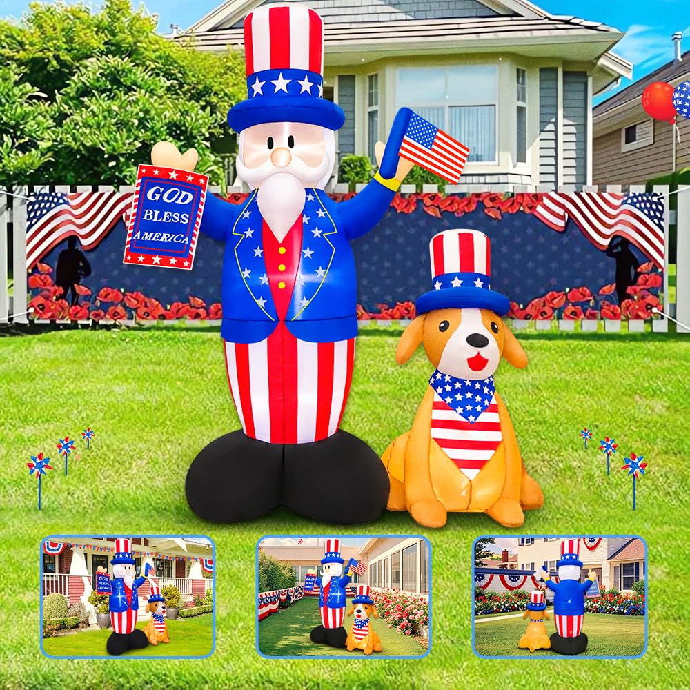 7FT Patriotic Independence Day 4th of July Inflatables Outdoor Decorations, Inflatable Uncle Sam with Dog, Built in LED Lights Blow up Fourth of July Decor for Holiday Party Garden Yard Lawn