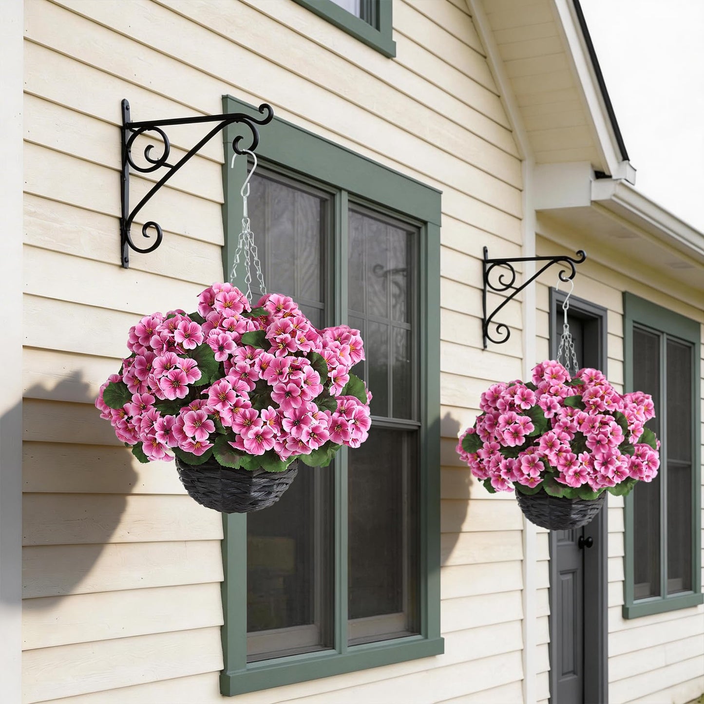 GLIDLION 2 Set Artificial Geraniums Flowers with Hanging Baskets for Outdoors - Sun Resistant Silk with Geranium Flowers, Fake Hanging Planters for Front Porch Garden Patio Home Decor (Pink)