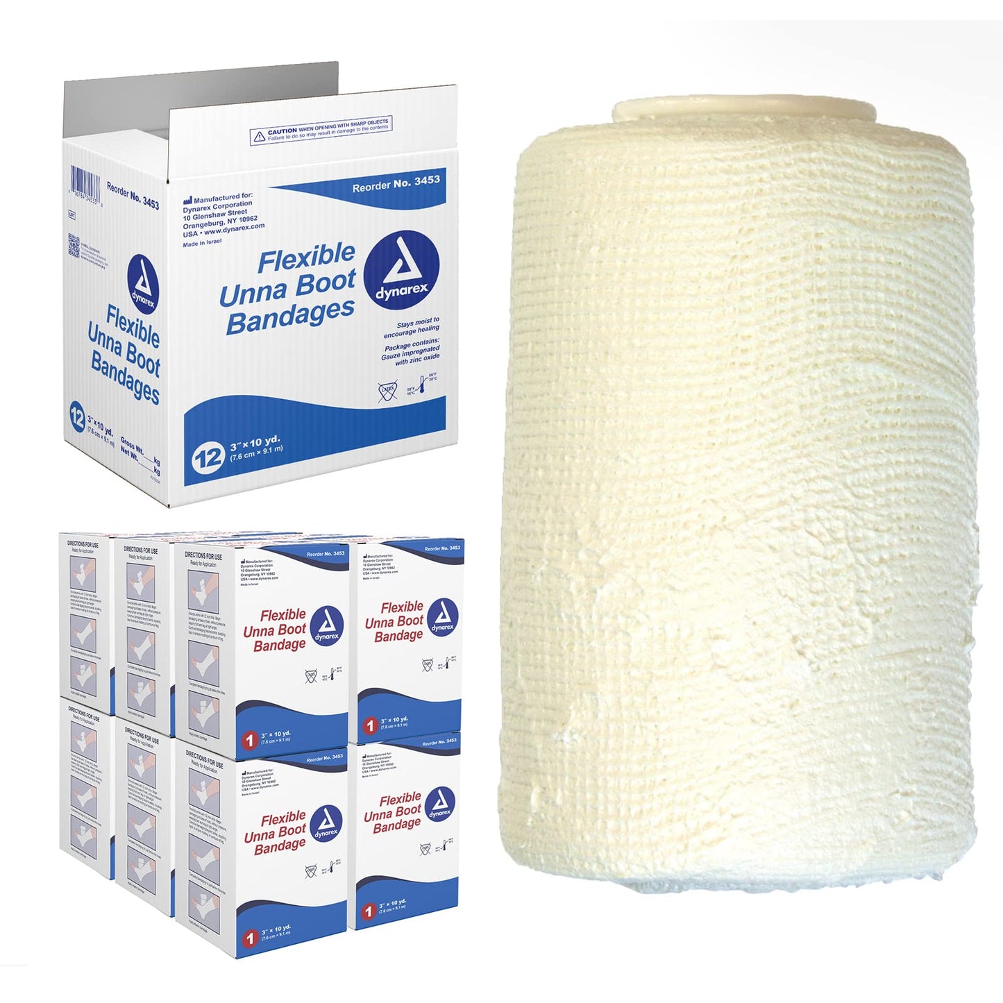 Dynarex 3453 Unna Boot Bandage, Individually Packaged, Provides Customized Compression, With Zinc Oxide, Soft Cast, 3" x 10 Yard, Pack of 12