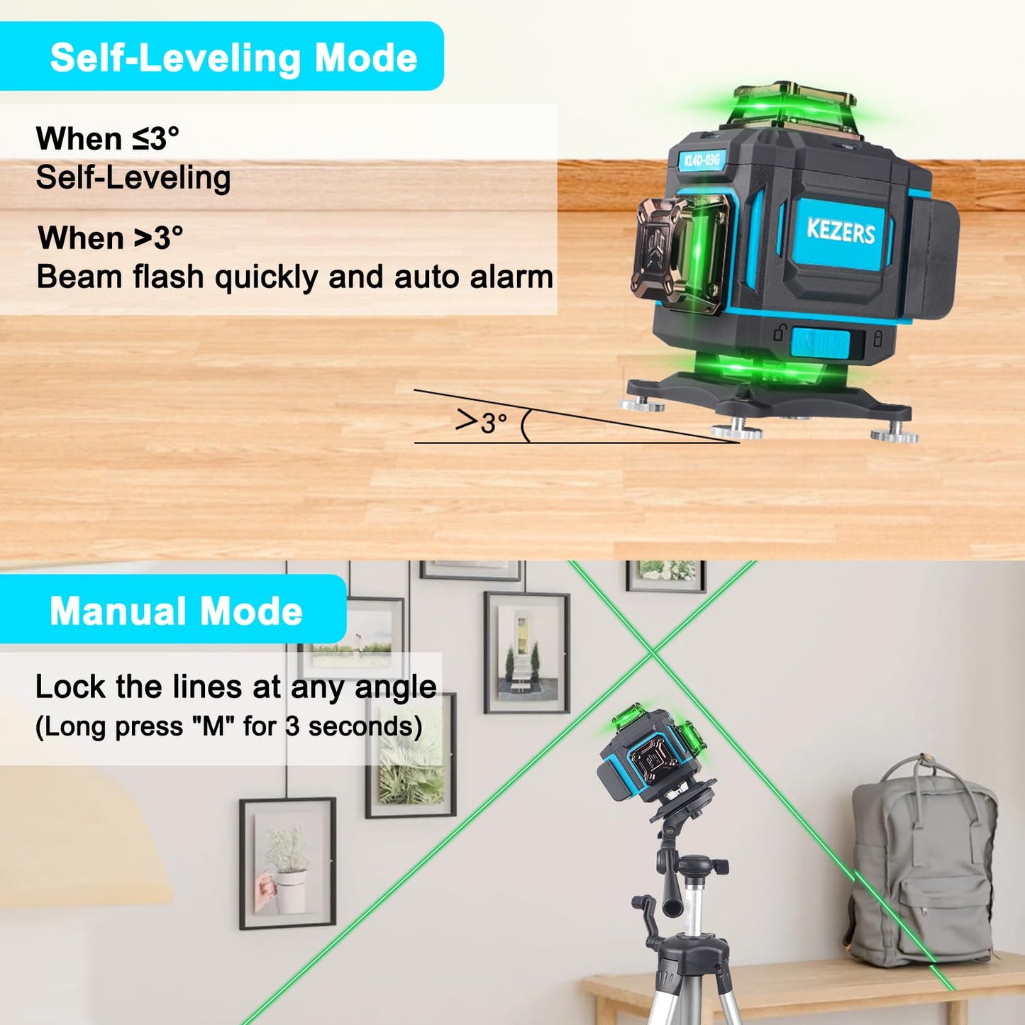 KEZERS Laser Level 360 Self Leveling,4 x 360 Laser Level with Screen Green Laser Level Line tool Leveling and Alignment Laser Tool with Pulse Mode for Construction and Picture Hanging,Remote Control