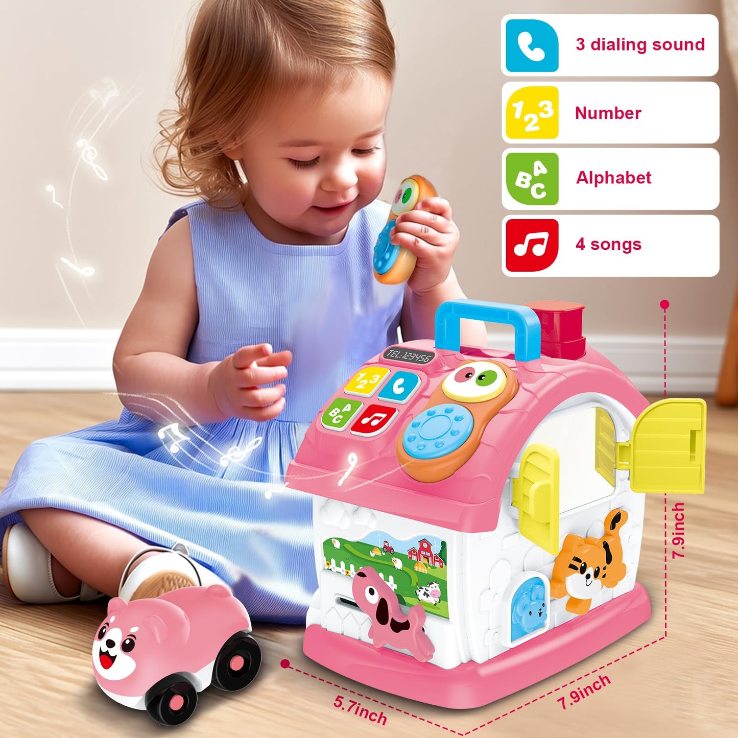 DELUTIQUE - Learning Toys for 1 Year Old Girls, 8 in 1 Sensory Toy for Toddlers, Musical House with Play Phone, Mirror, Piano, Montessori Toy for Baby 12-18 Months