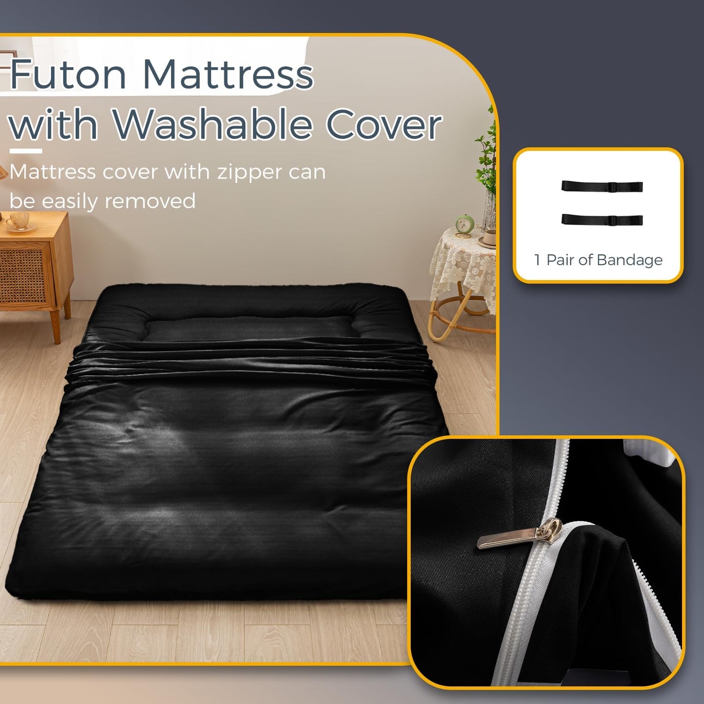 MAXYOYO 6" Extra Thick Japanese Futon Mattress, Foldable Tatami Pad for Adults, Floor Bed Roll Up Guest Mattress, Black, Full