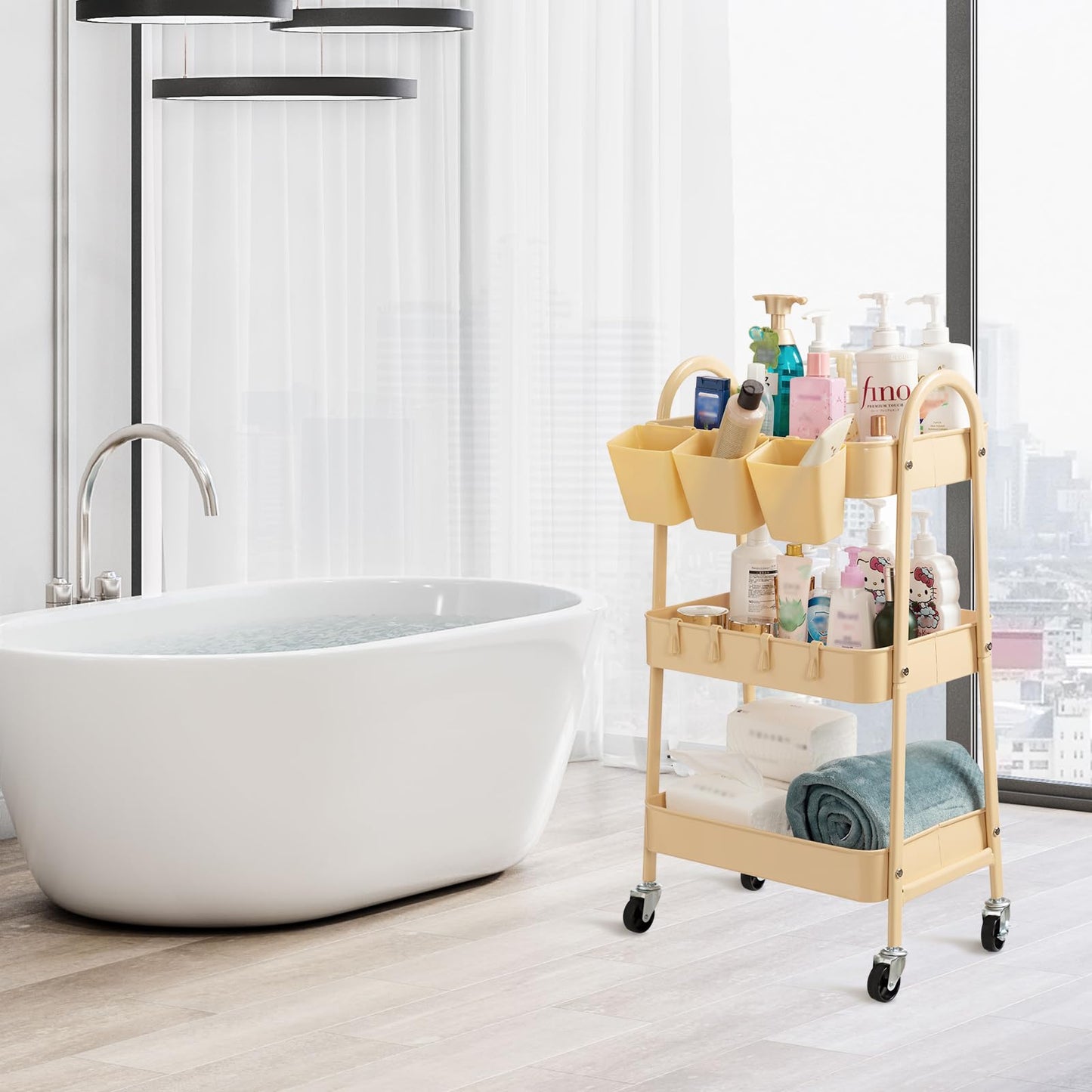 danpinera 3-Tier Rolling Cart, Utility Cart Mobile Metal Rolling Storage Cart with Lockable Wheels & Hanging Cups & Hooks for Kitchen, Bathroom, Office, Workshop, Yellow