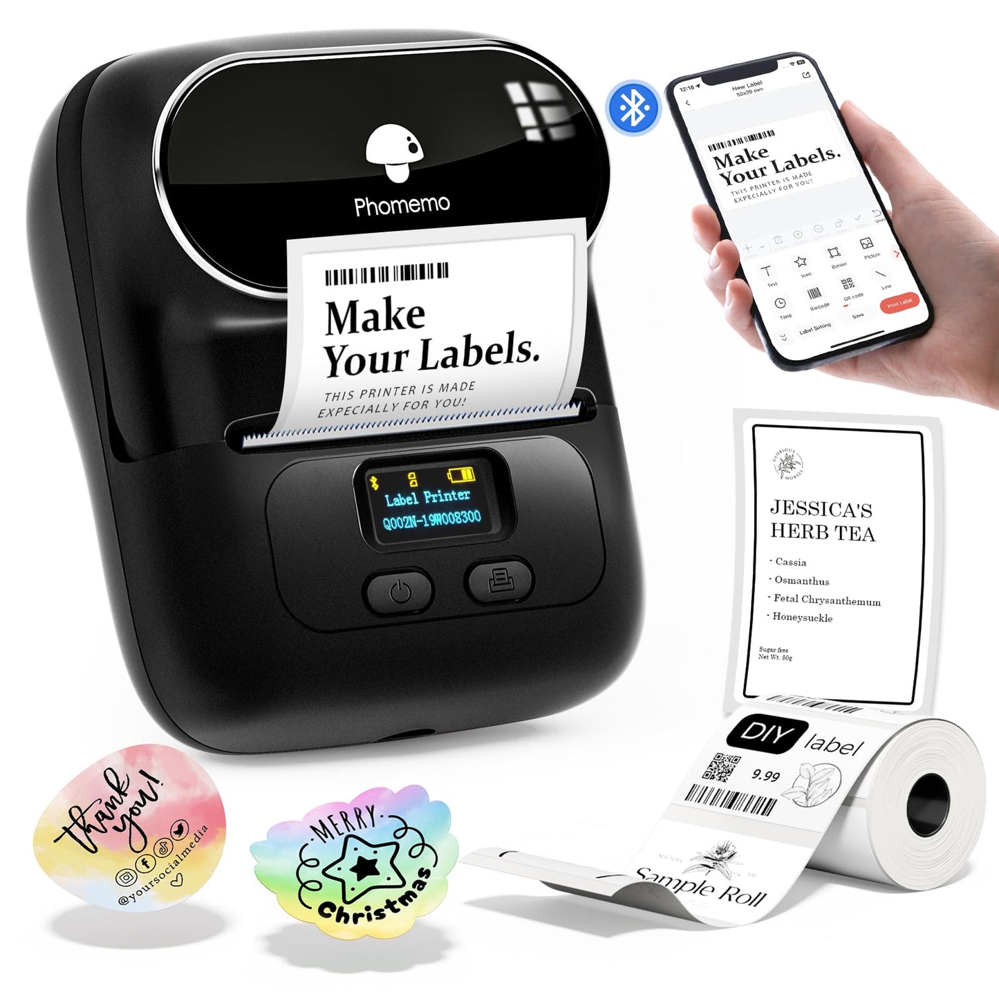 Phomemo Thermal Label Maker, Barcode Printer, M110 Upgraded Label Printer Bluetooth No Ink Portable, for Small Business, Address, Office, Home for Phone; for PC/Mac(USB), with 100 Labels, Ebony Black