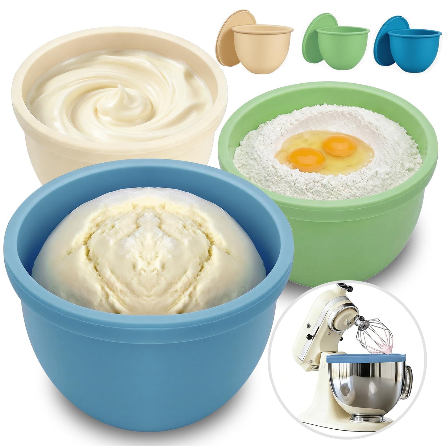 GuanQiao Silicone Bowl Liners for 5 Qt KitchenAid Mixers, 3 Liners with Lids, Blue/Beige/Green