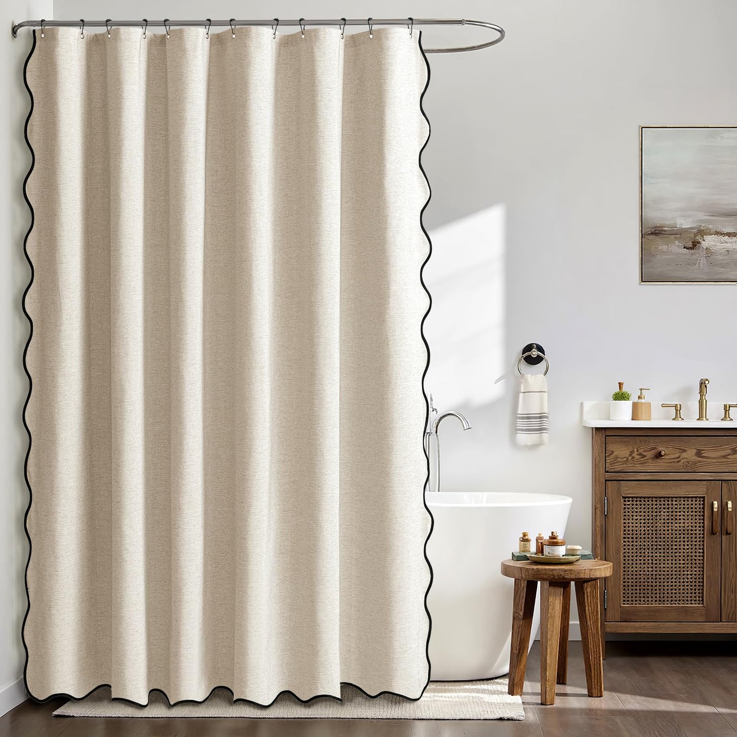 MIULEE 96" Long Scalloped Shower Curtain Linen Textured with 12 Metal Hooks Cute Extra Long Heavy Duty Washable Waterproof Cloth Shower Curtains with Black Border for Bathroom Hotel Bathtub,Beige