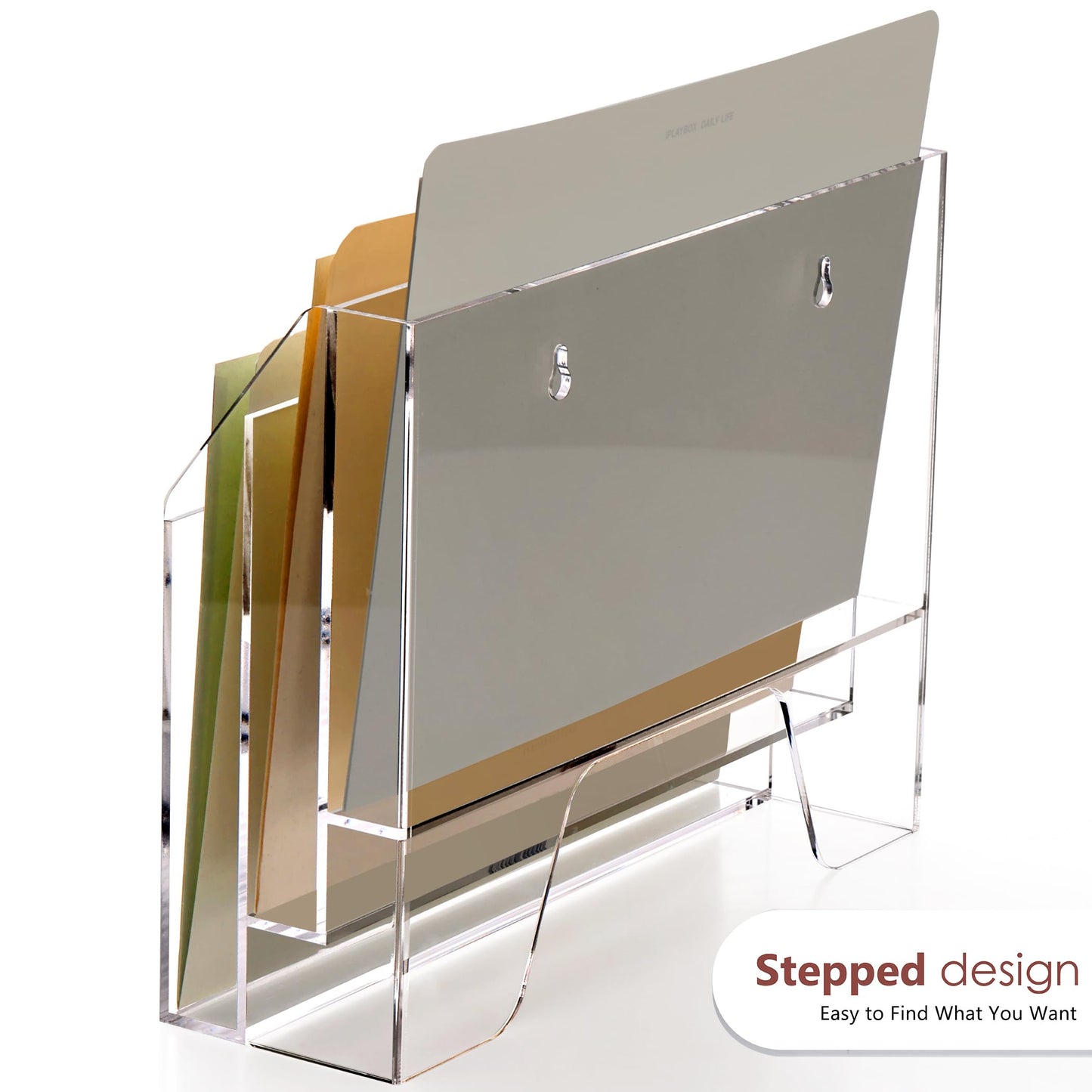 Tfirhuoe Wall Hanging File Folder Organizer for Desk, 3-Tier Acrylic Magazine Rack Wall Mount File Holder, Clear Paper Document Office Organizer - 1 Pack