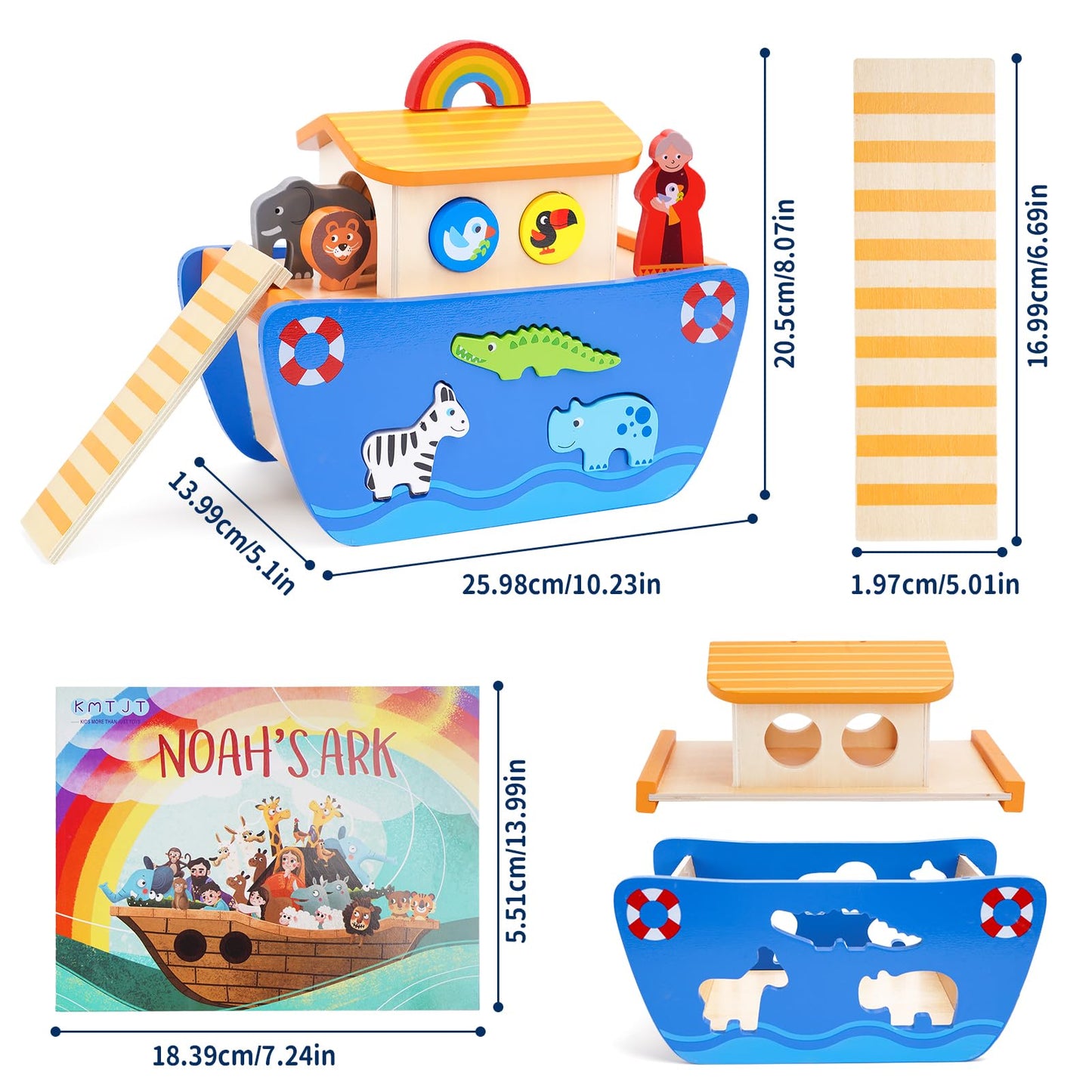 Toddlers Wooden Noah's Ark Toy Animal Playset, Baptism Gifts for 2 3 Boys Girls, Shape Sorter Early Learning Montessori Toys with Bible Story Book for 24 Months Babies
