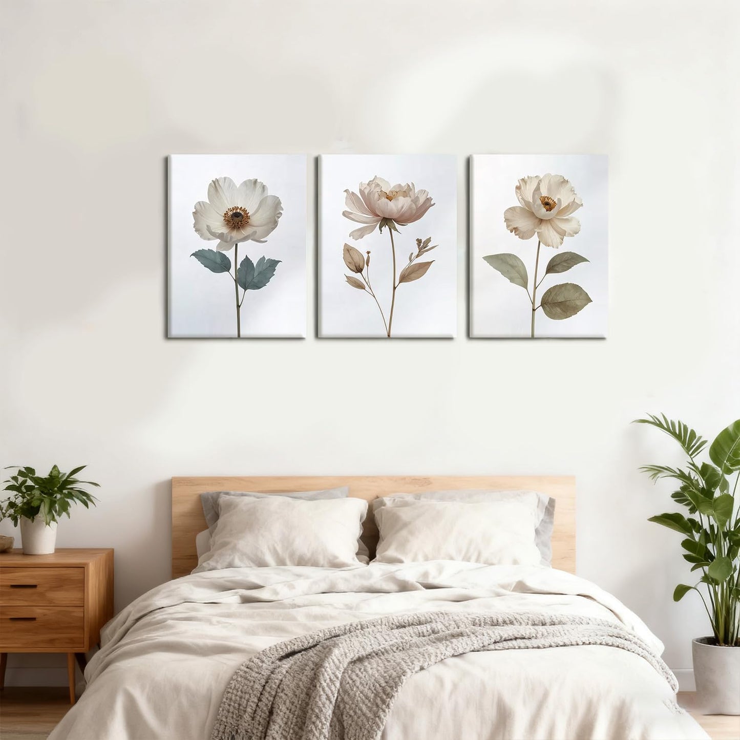 AUUAUU Elegant Neutral Floral Wall Art Set of 3 Framed Boho Botanical Aesthetic Canvas Prints Peony Anemone Flower Art Posters 16x24 Inch Minimalist Wall Decor for Home Kitchen Living Room Bedroom