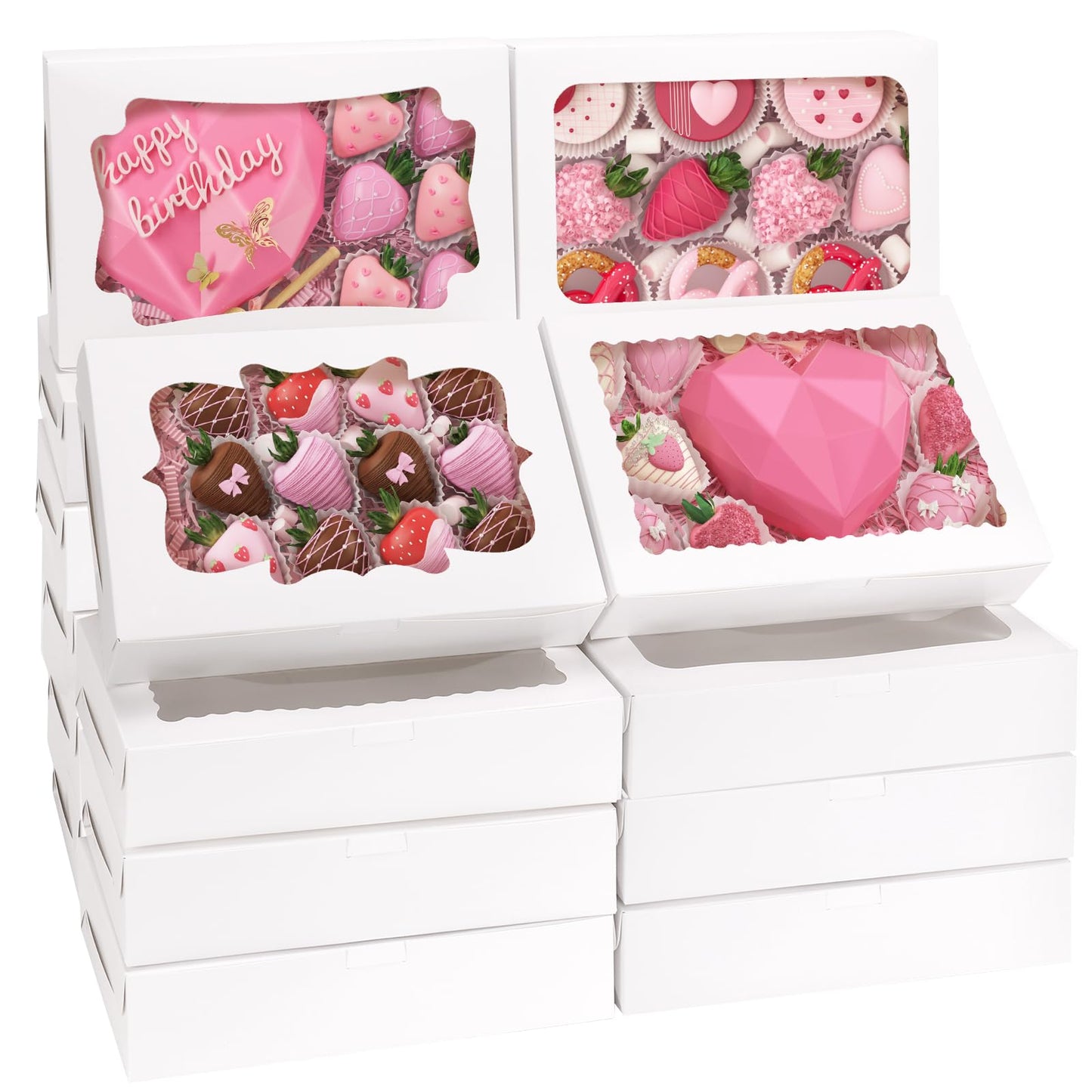 TOMNK 80pcs Cookie Boxes with Window, 12x8x2.5 Inches 4 Style Bakery Boxes, Large White Treat Containers for Chocolate Strawberries, Cakes, Donuts, Muffins and Pastries
