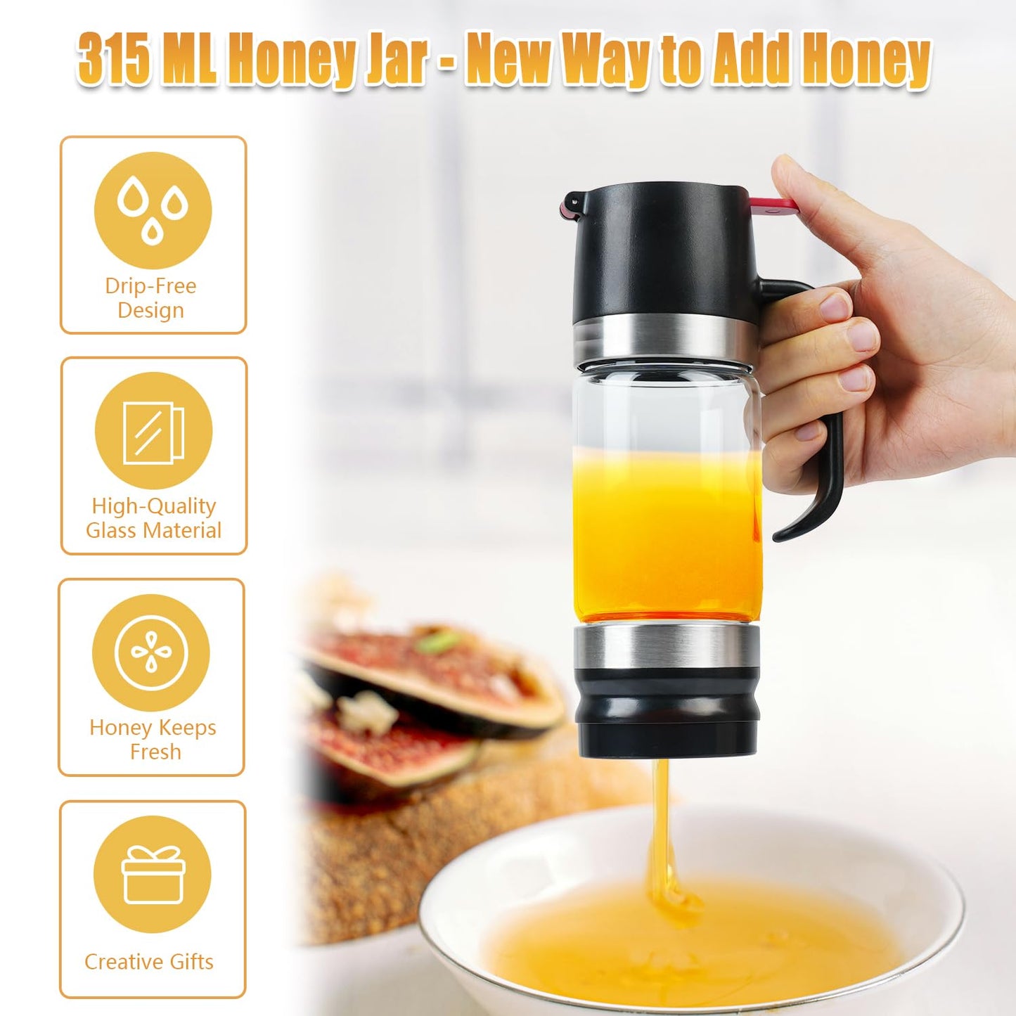 Honey Dispenser 12Oz 2Pack No Drip with Stand, Glass Honey Jar, Syrup Dispenser, Easy One Hand Use Honey Pot for Coffee or Tea, Mess Free Honey Dispenser for Syrup, Honey Container (2Pack Black)