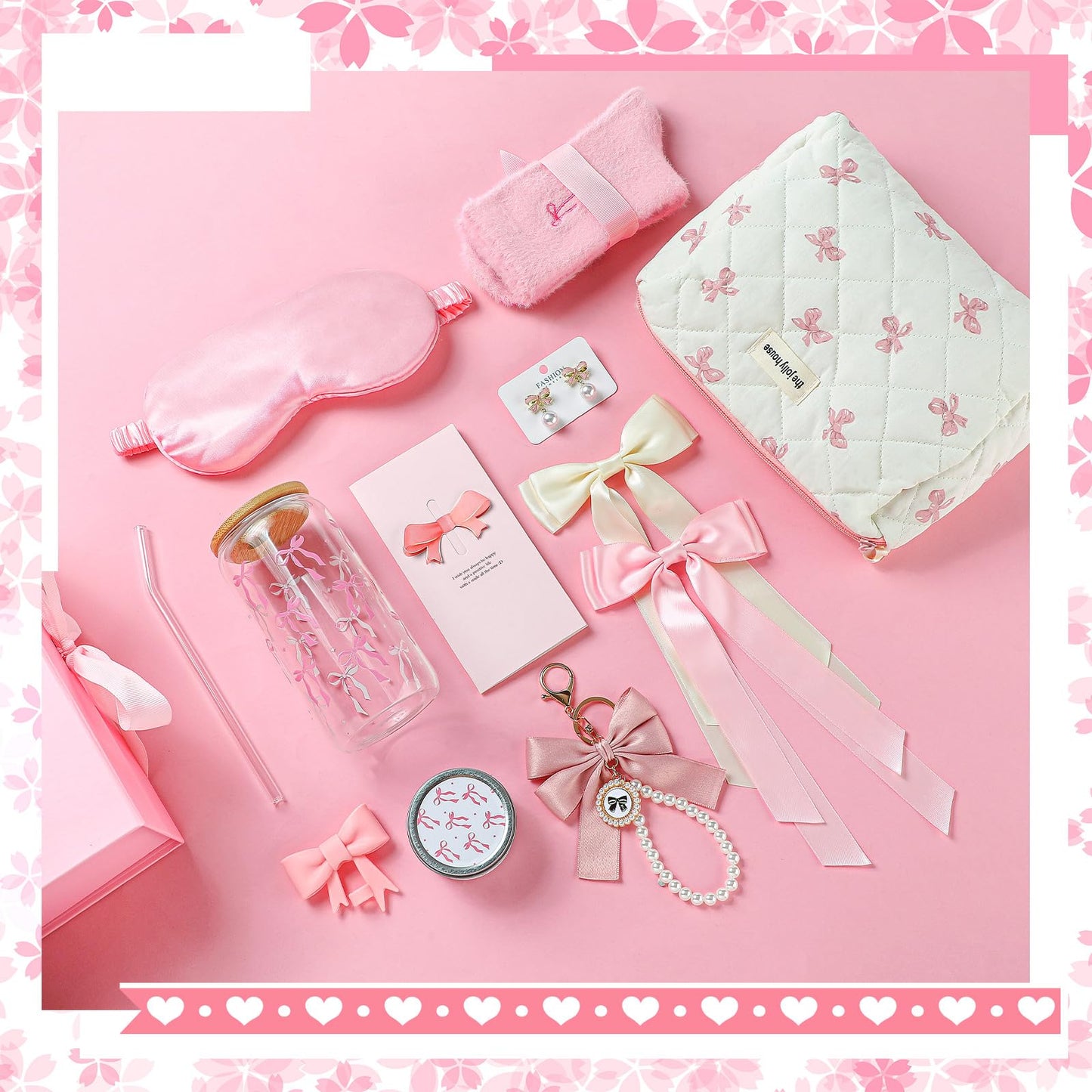 Skylety Pink Bow Gift Set Birthday Basket for Women Coquette Bow Teen Girl Happy Birthday Box Girl Gift for Her Friend Daughter Niece Women Sister Teenage