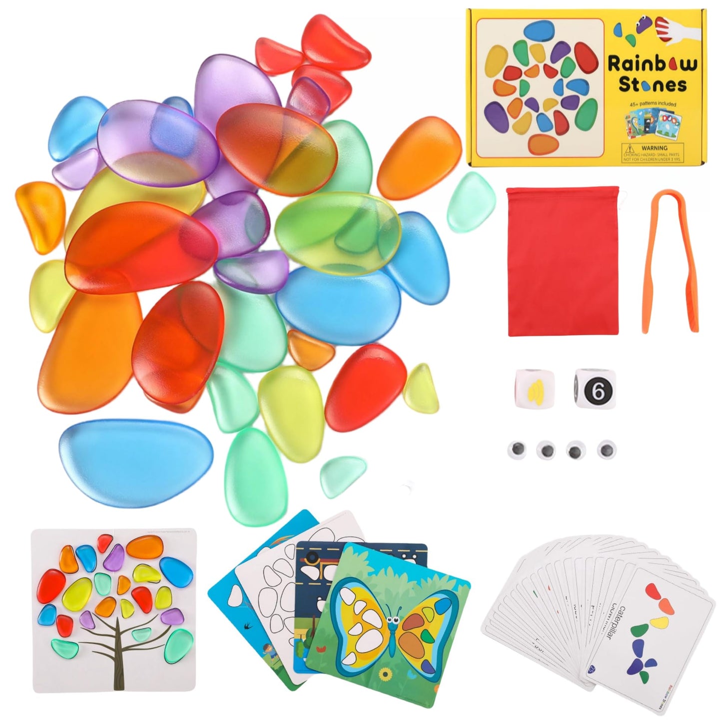 Odoorgames 36 Pcs Translucent Rainbow Pebbles,Rainbow Stones,Light Table Manipulatives Preschool,Light Table Accessories, Includes 24 Activity Cards