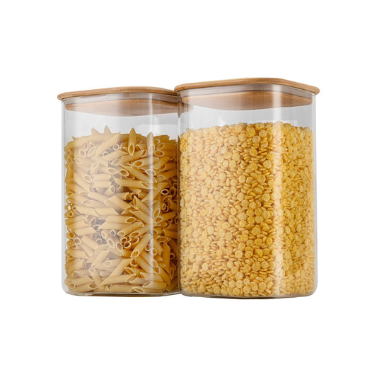 D2scrma 149oz Airtight Glass Square Storage Canister with Bamboo Lid Set of 2(4400ml*2) Large Gallon Glass Jars for Sugar, Flour, Cookies and Coffee beans (‎with Black Lable)