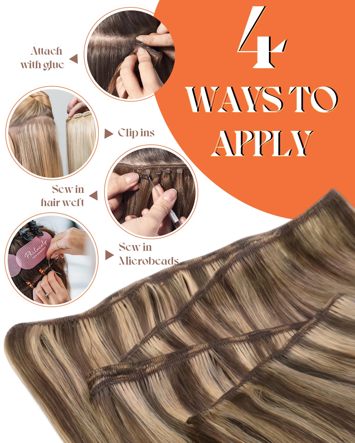 Sunny Weft Hair Extensions Human Hair Brown Sew in Extensions Highlights Hair Wefts Human Hair Sew in Dark Brown Highlights Caramel Blonde Sew in Hair Extensions Real Human Hair 18inch 100g