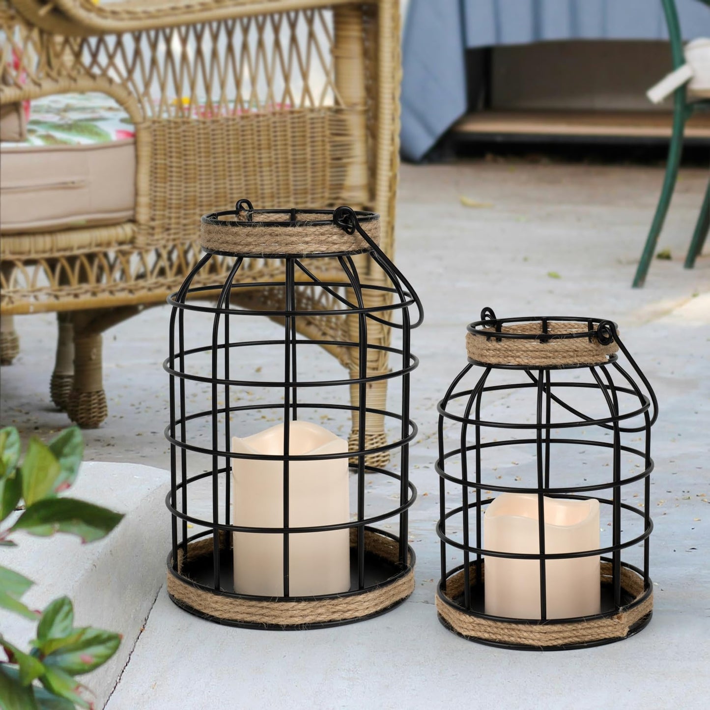 Lumeavetra Rustic Farmhouse Decorative Lantern Set of 2, Boho Lanterns with LED Candles, Modern Farmhouse Indoor Outdoor Decor for Living Room Patio Porch Fireplace Kitchen Dining Table Centerpiece